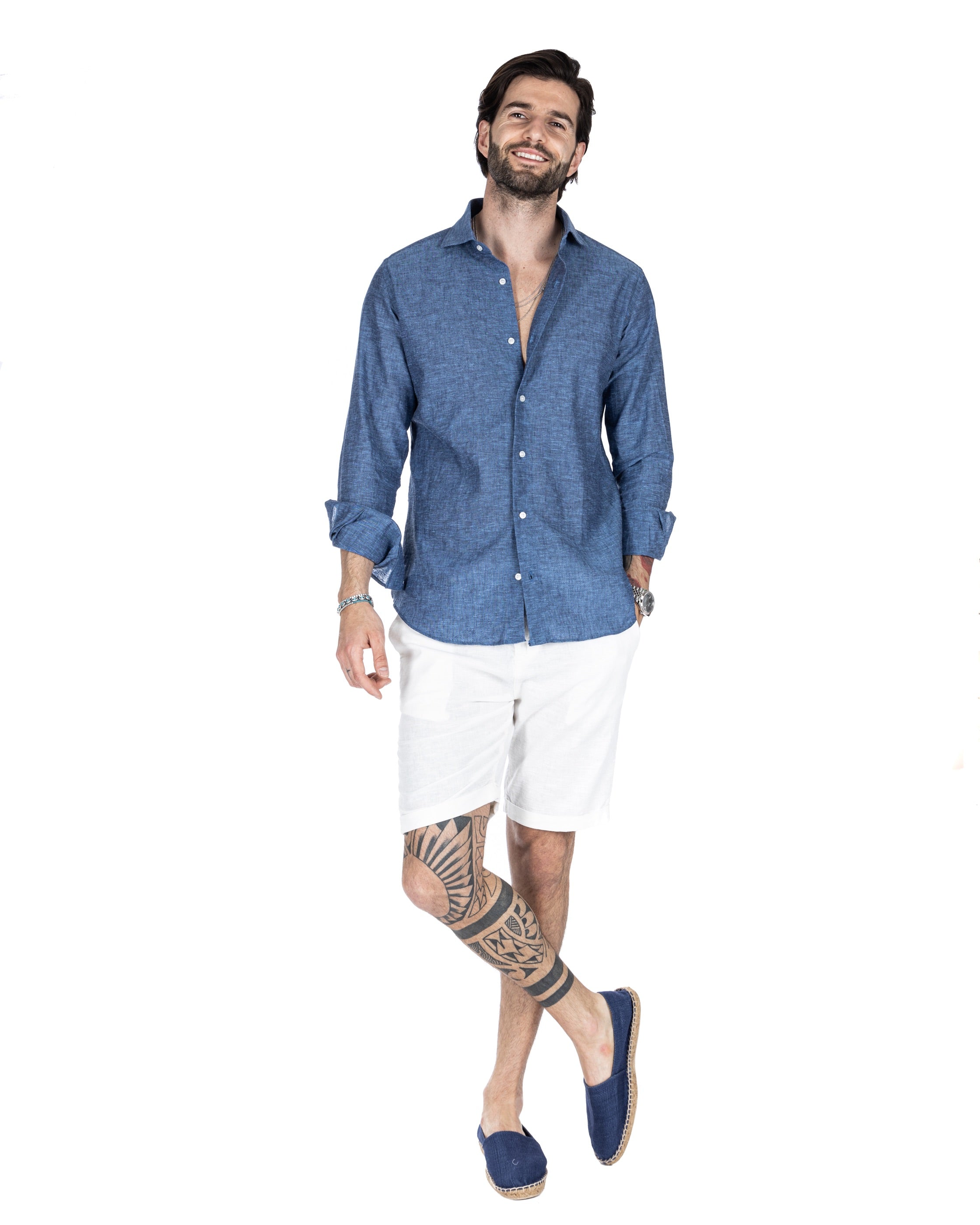 Praiano - camicia classica cobalto in lino
