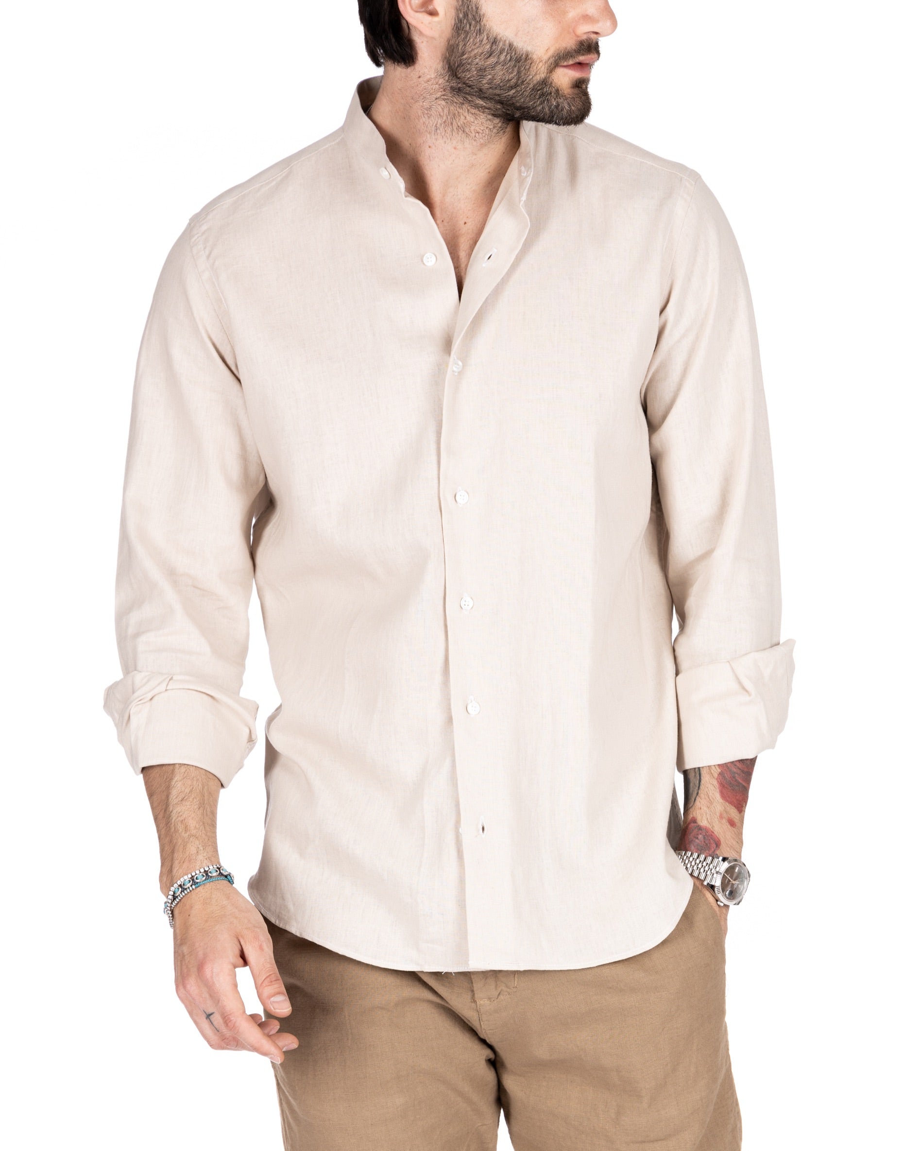 Positano - Camicia coreana beige in lino