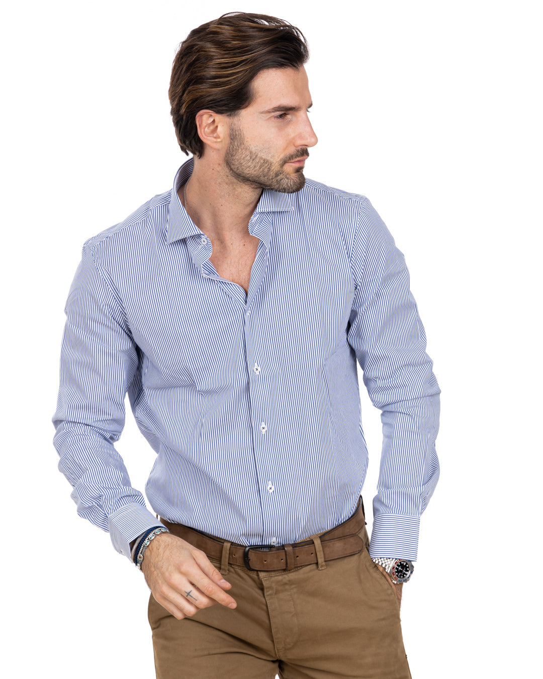 Camicia - basic classica riga stretta blu in cotone