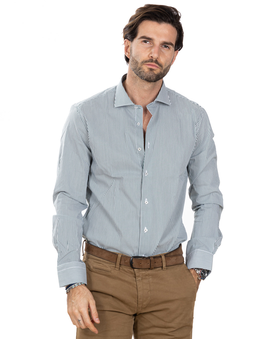 Camicia - basic classica riga stretta verde in cotone