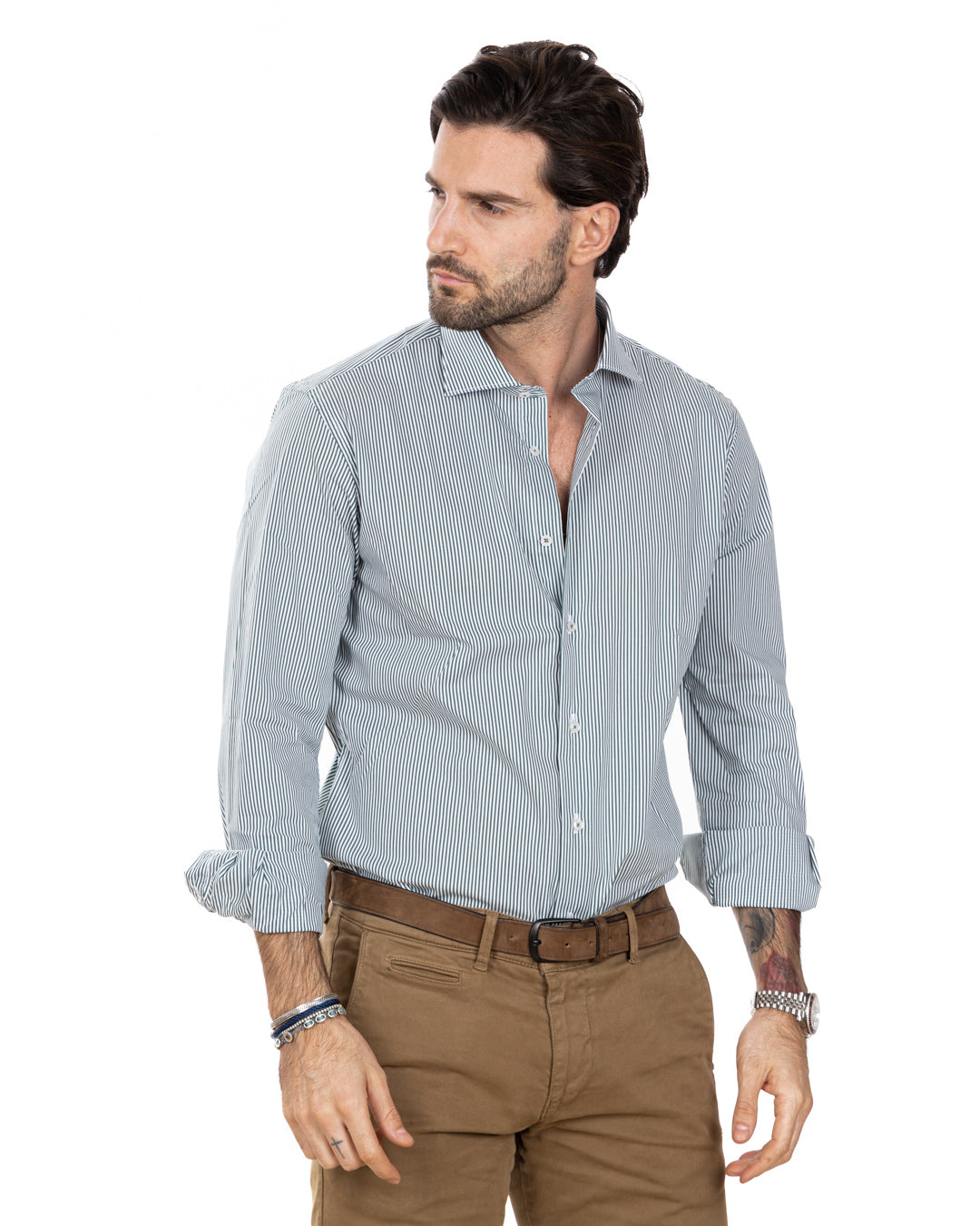 Camicia - basic classica riga stretta verde in cotone