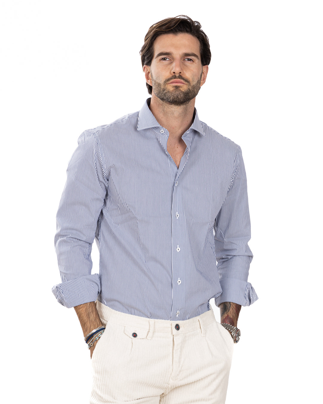 Camicia - basic classica riga stretta azzurra in cotone