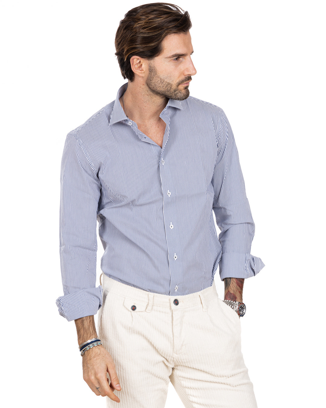 Camicia - basic classica riga stretta azzurra in cotone