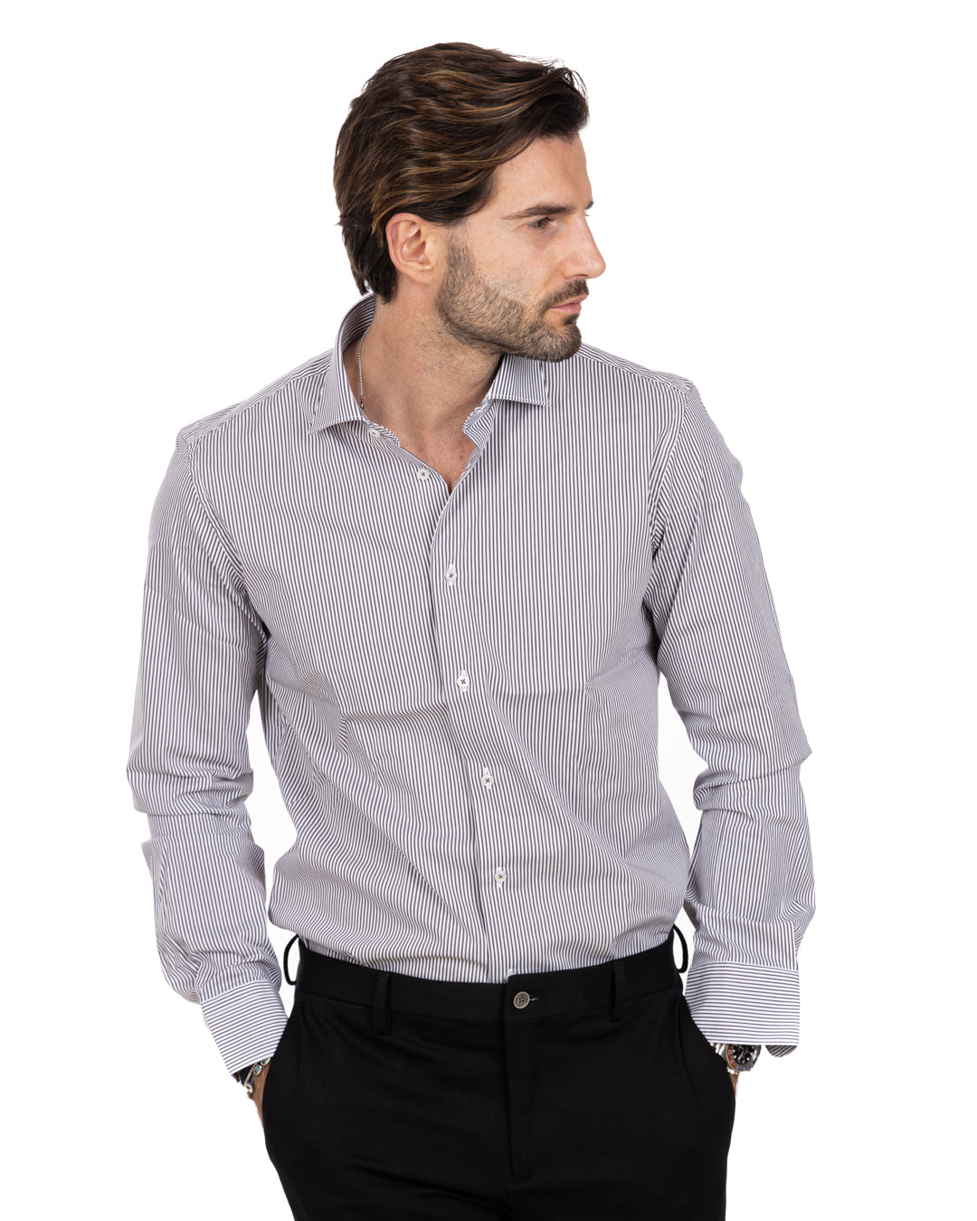 Shirt - classic basic black narrow stripe in cotton