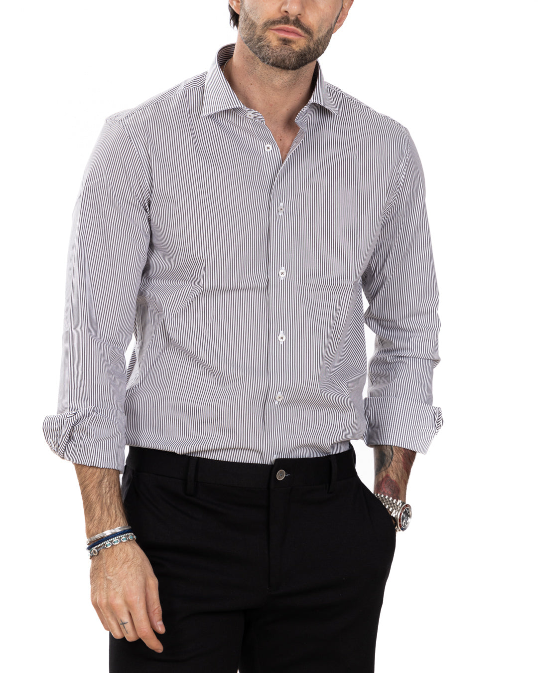 Shirt - classic basic black narrow stripe in cotton