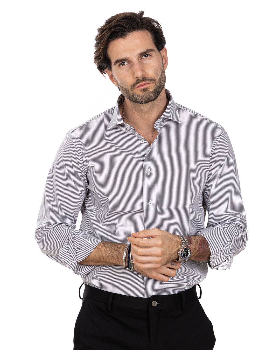 Shirt - classic basic black narrow stripe in cotton