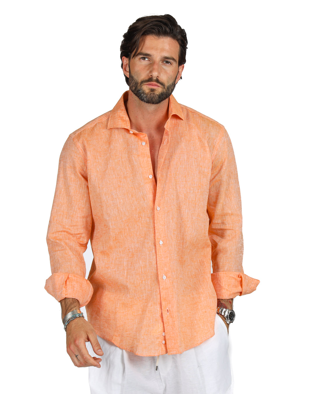 Praiano - Camicia classica arancione in lino