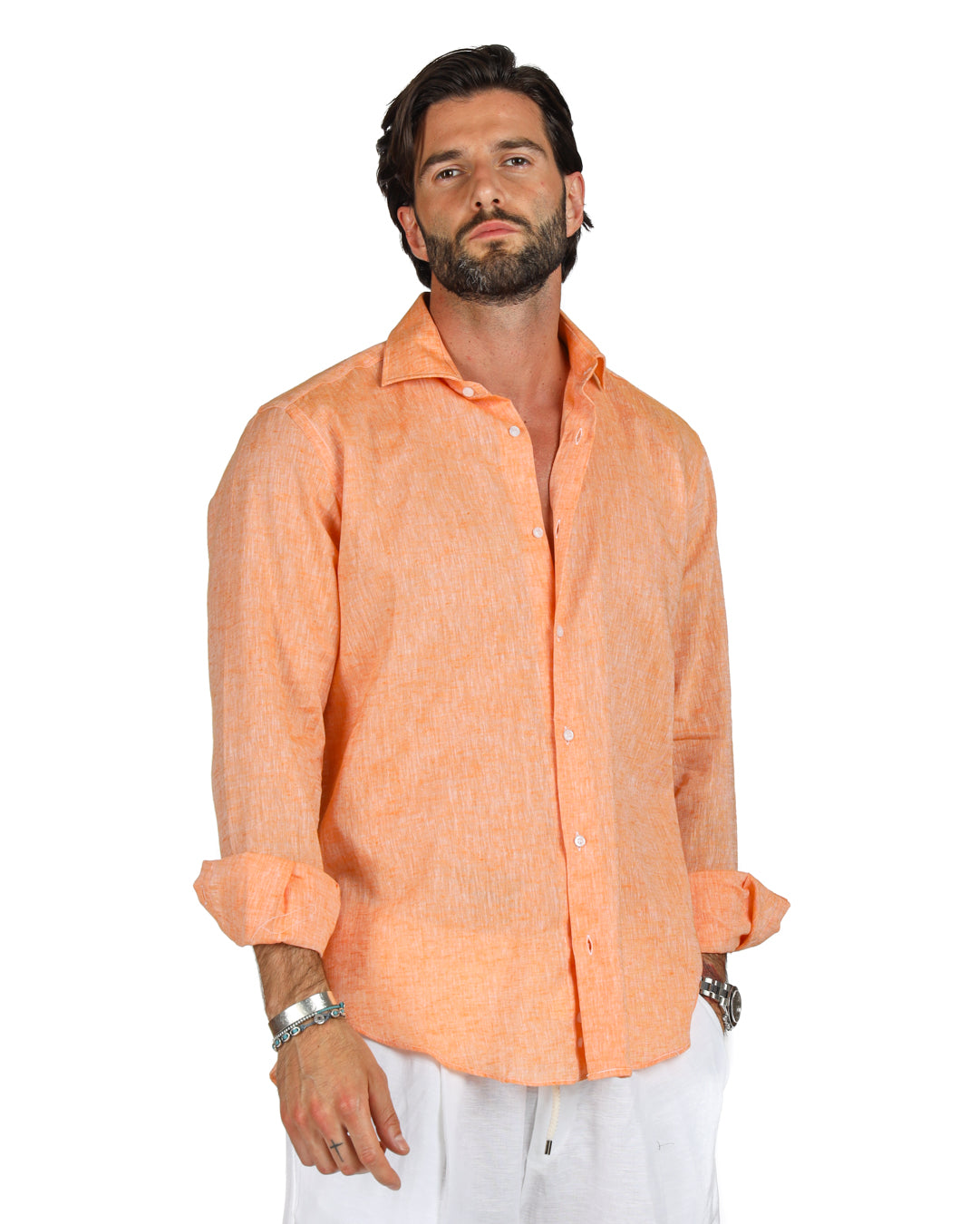 Praiano - Camicia classica arancione in lino