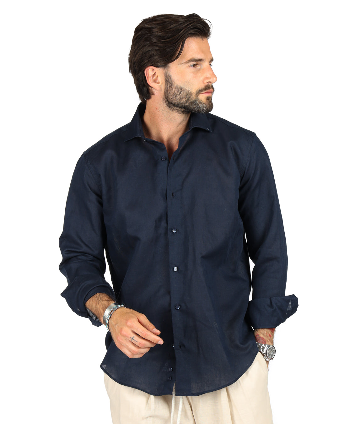 Praiano - Camicia classica blu in lino