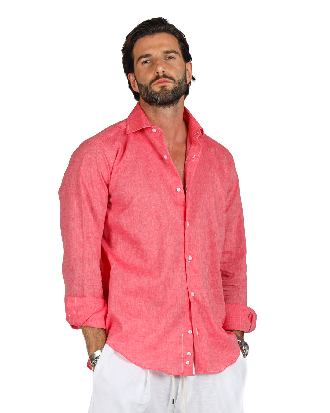 Praiano - Camicia classica corallo in lino