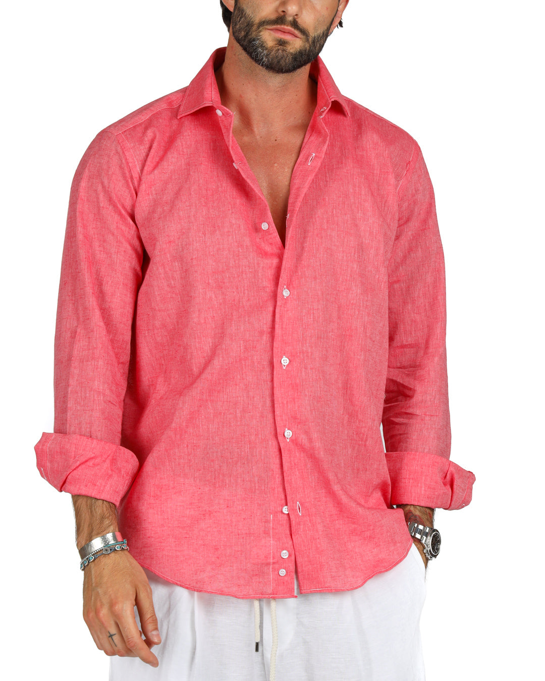 Praiano - Camicia classica corallo in lino
