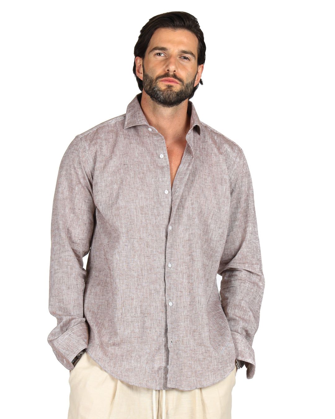 Praiano - Camicia classica fango in lino