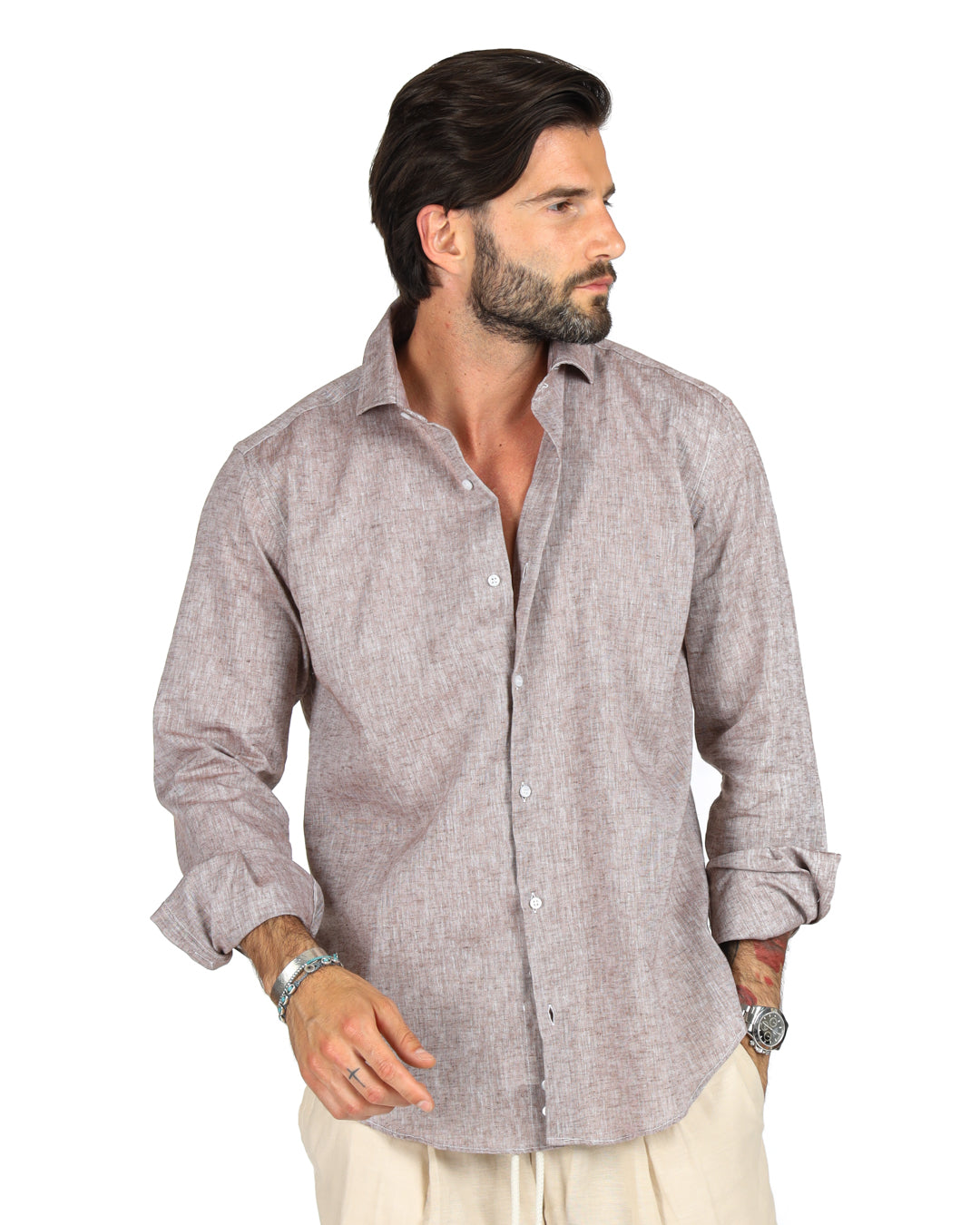 Praiano - Camicia classica fango in lino