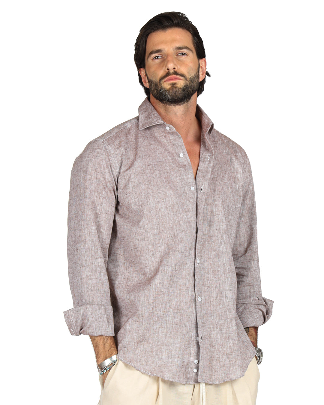 Praiano - Camicia classica fango in lino