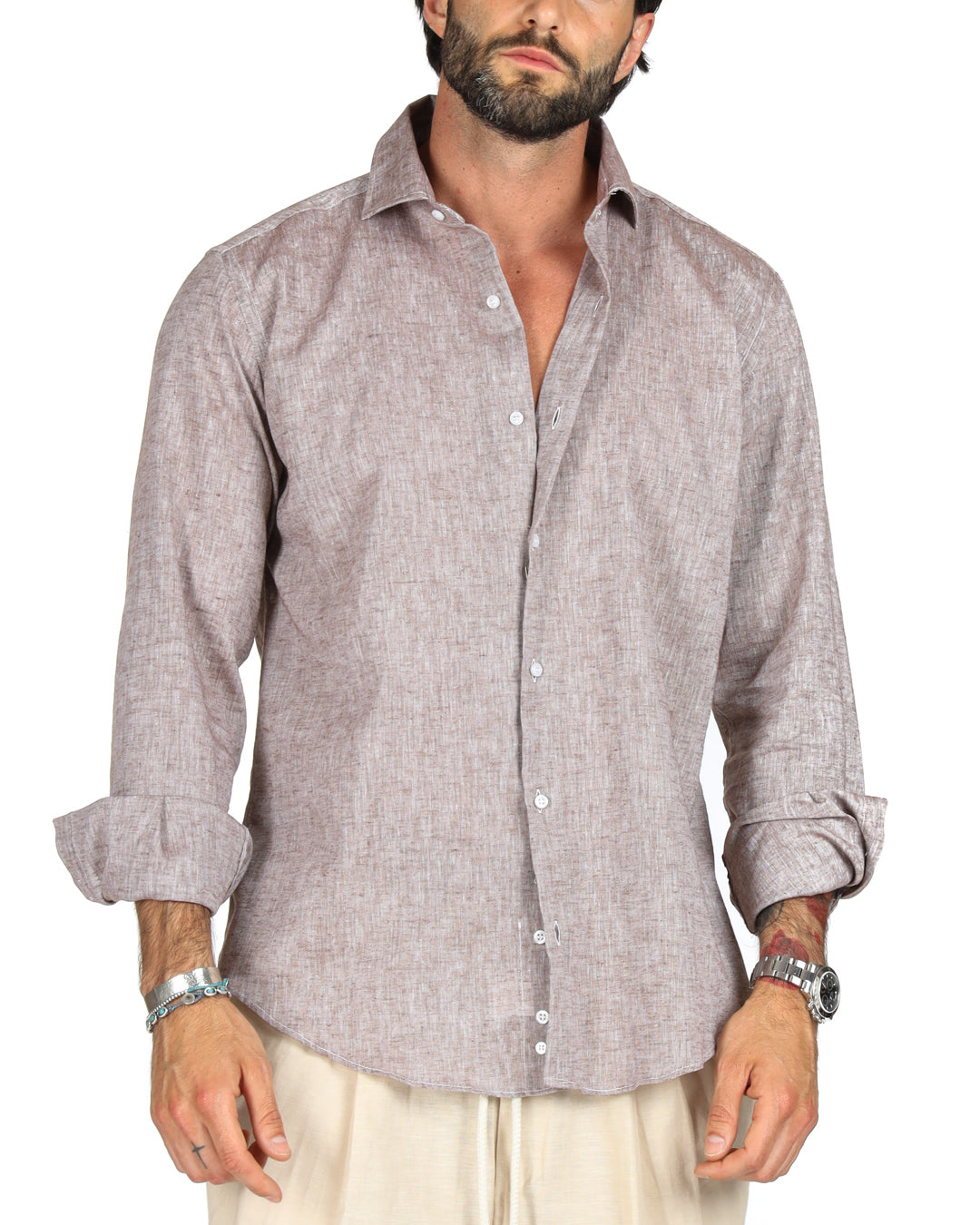 Praiano - Camicia classica fango in lino