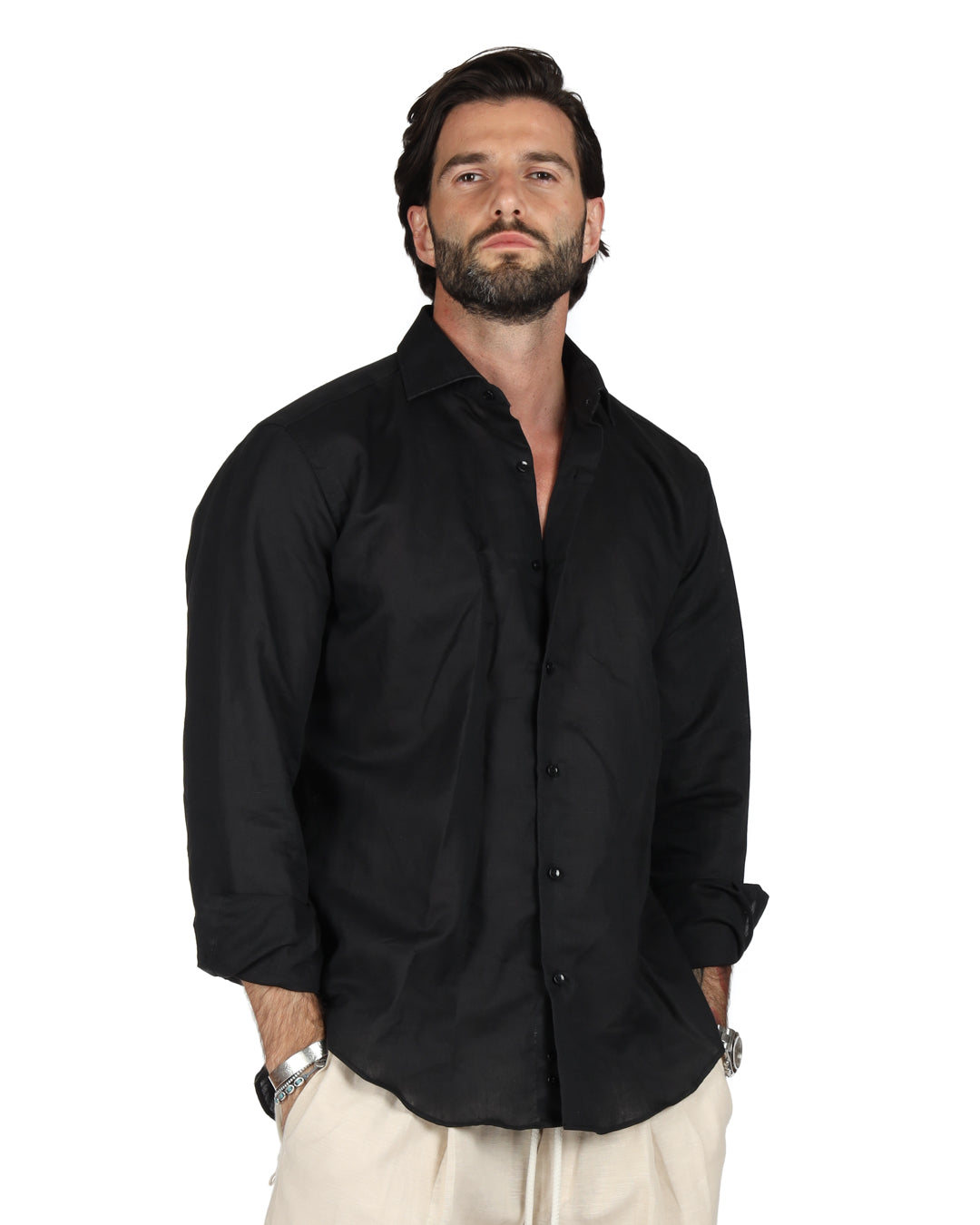 Praiano - Camicia classica nera in lino