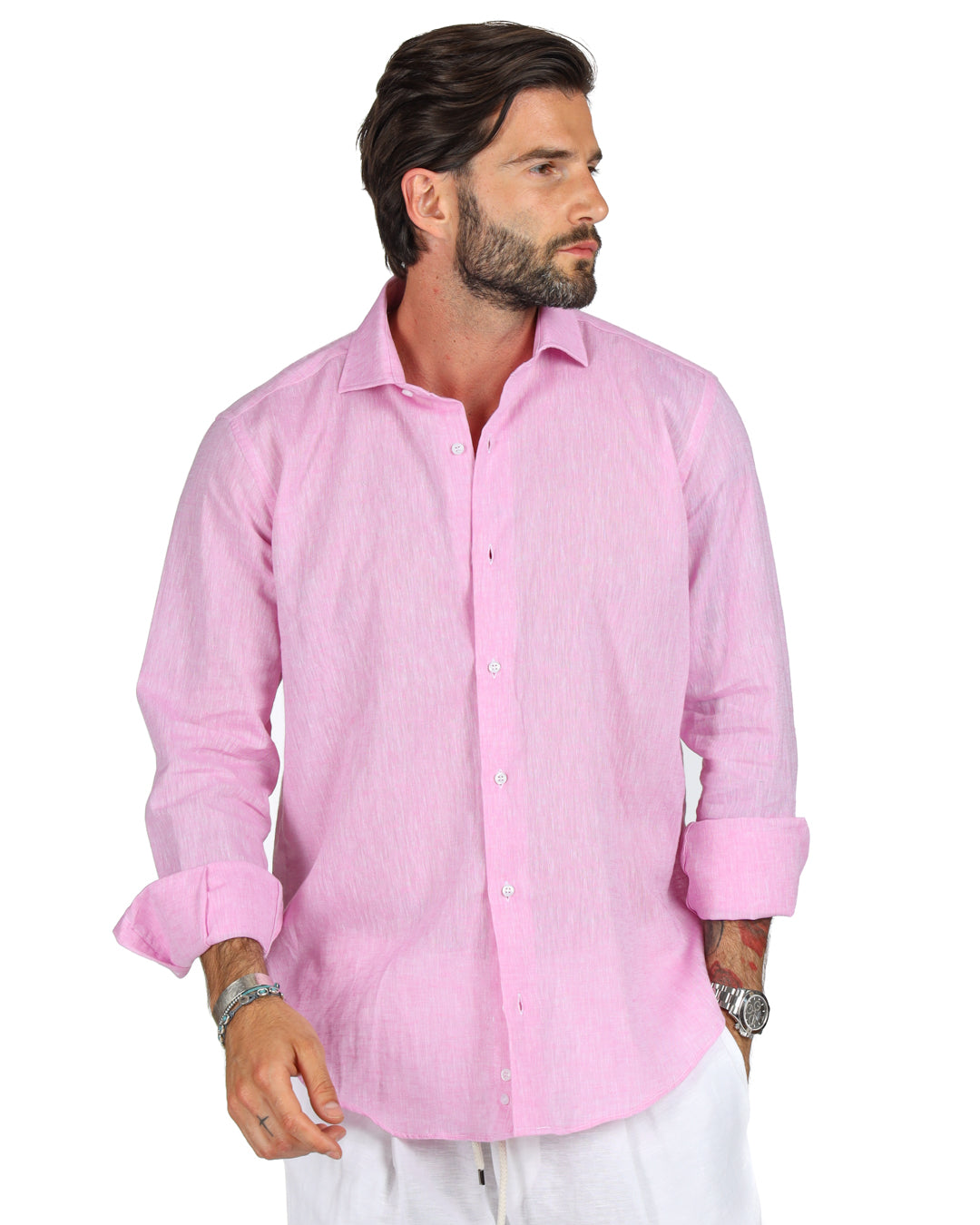 Praiano - Camicia classica rosa in lino