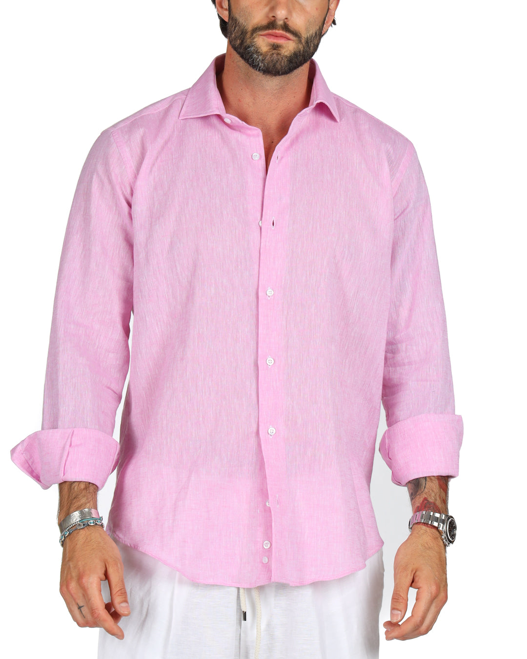 Praiano - Camicia classica rosa in lino