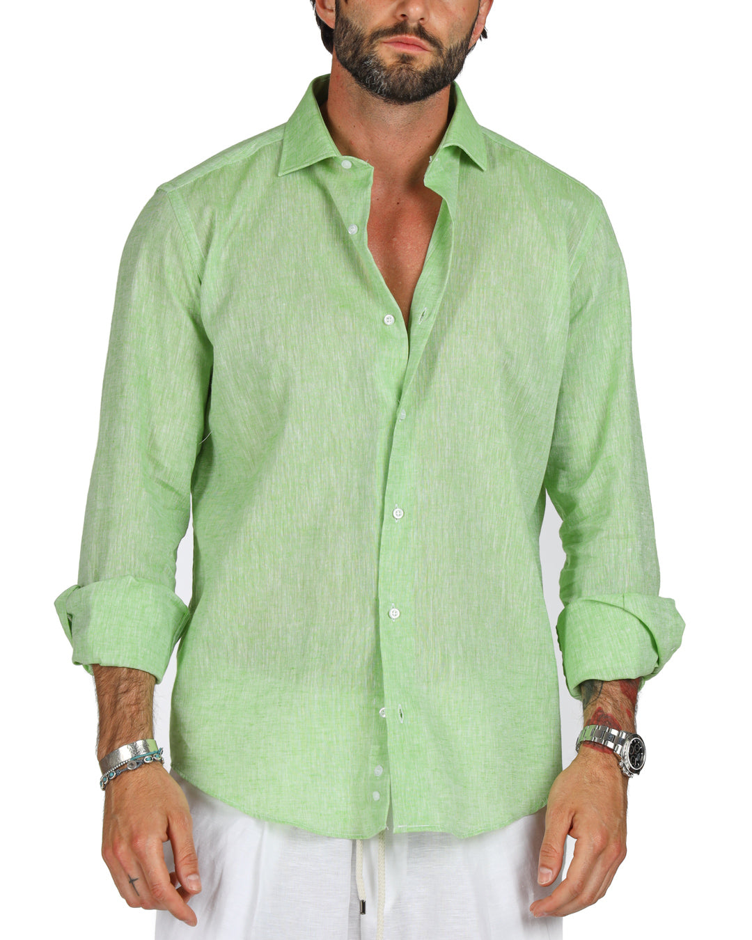 Praiano - Camicia classica verde mela in lino