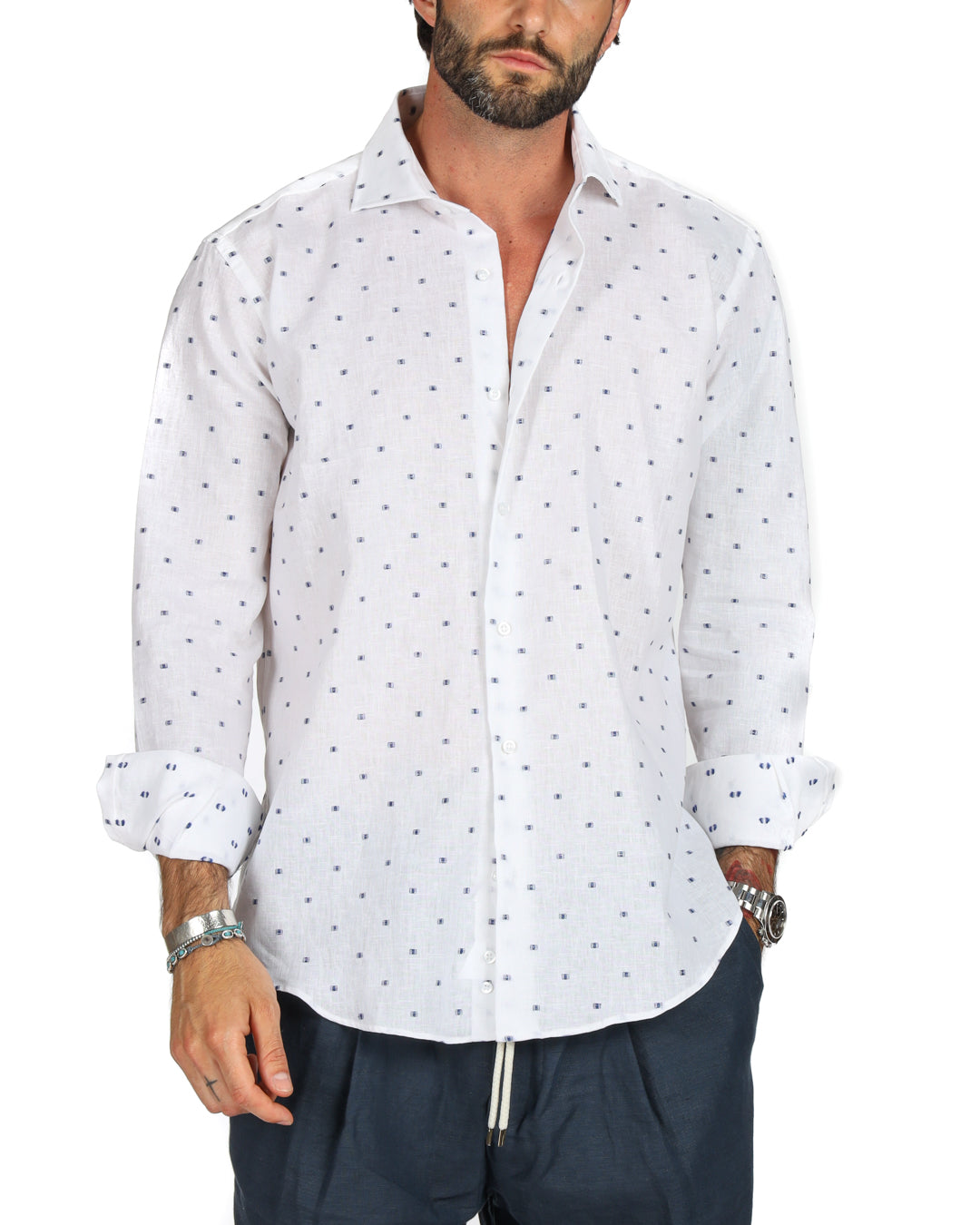 Salina - Classic white linen shirt with blue embroidery