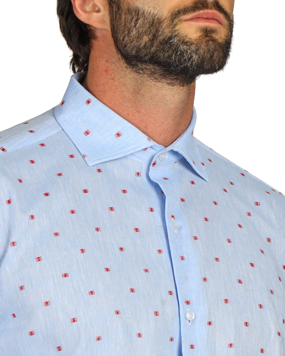 Salina - Chemise classique bleu clair à broderies rouges en lin
