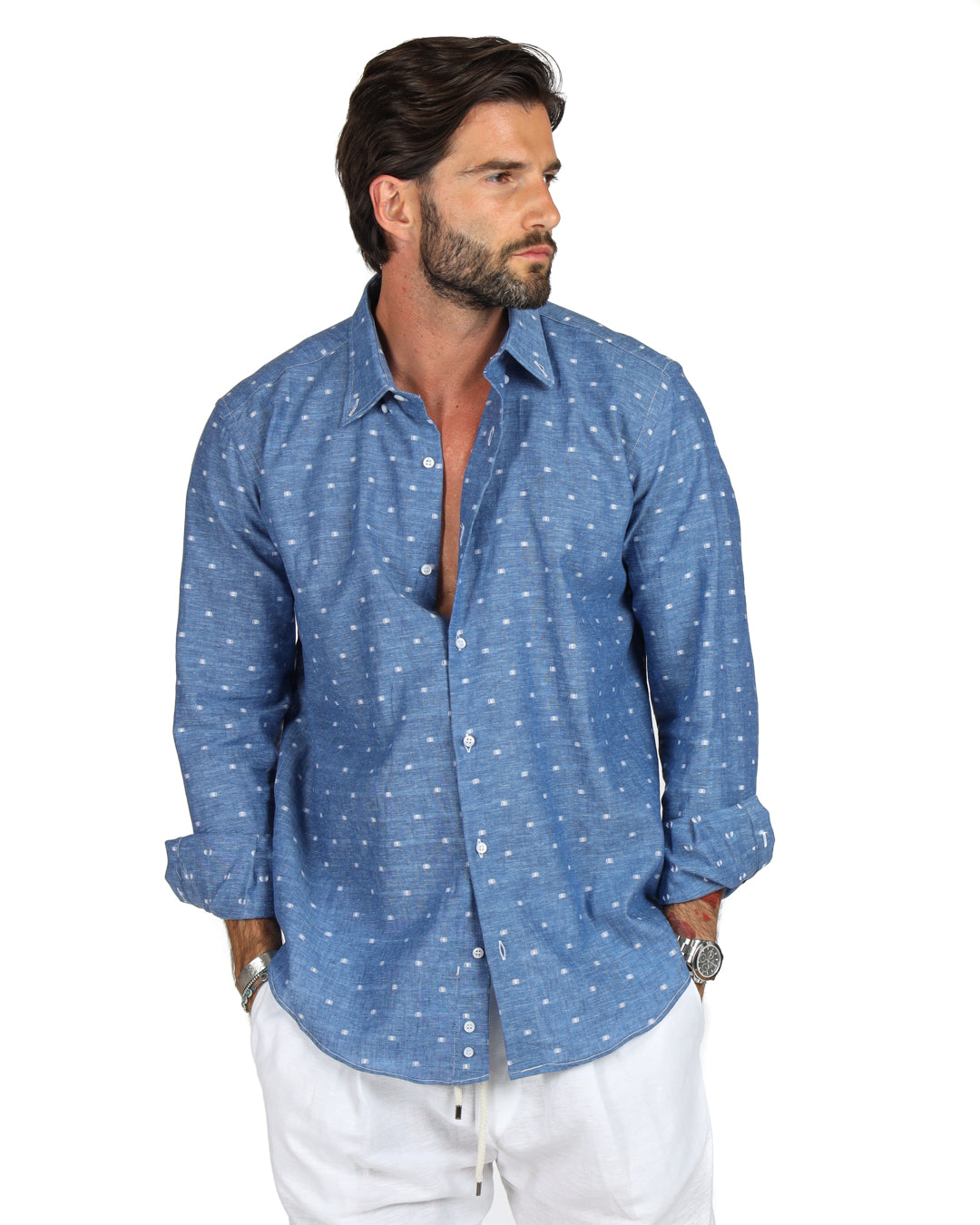 Salina - Classic denim shirt with white linen embroidery