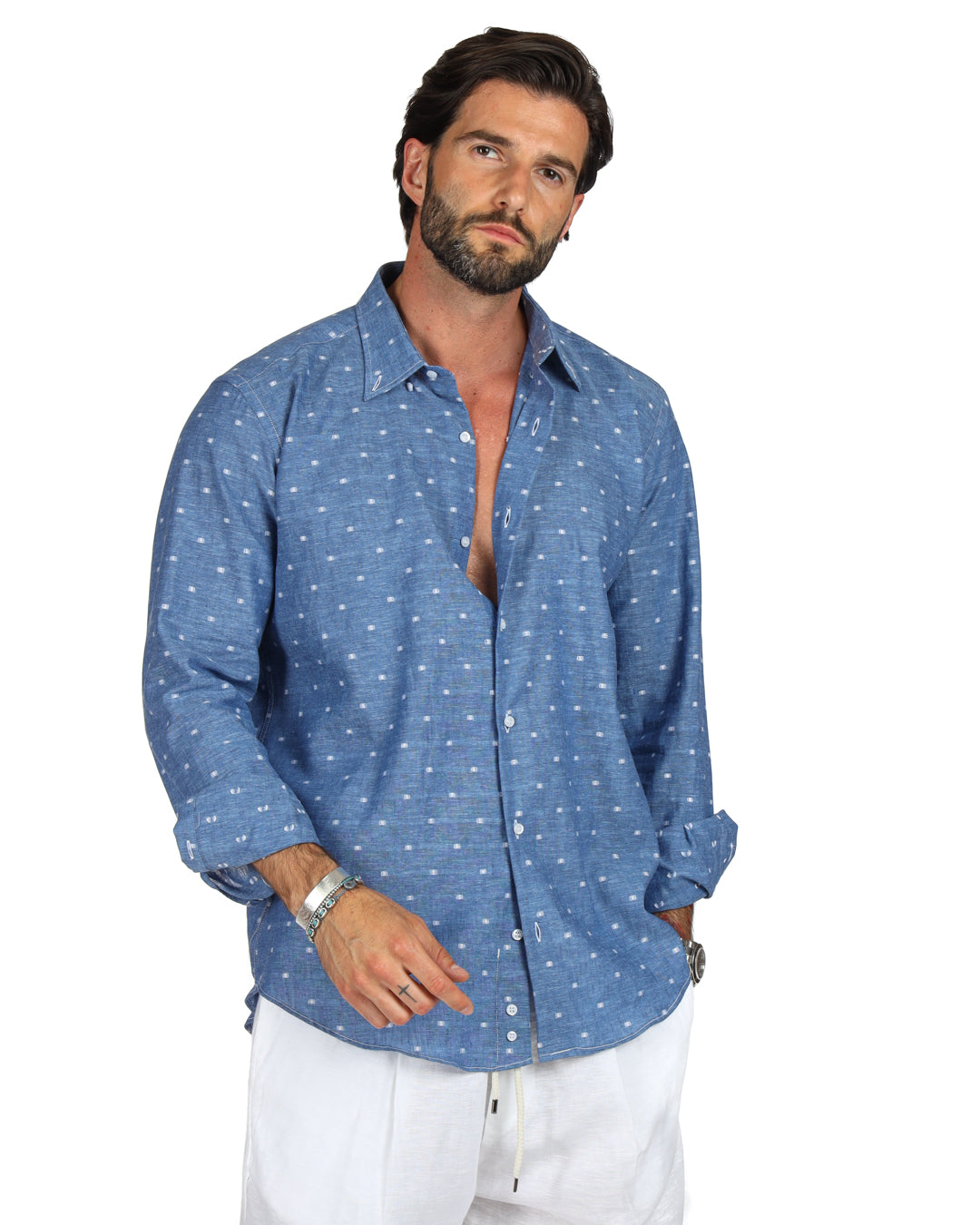 Salina - Classic denim shirt with white linen embroidery