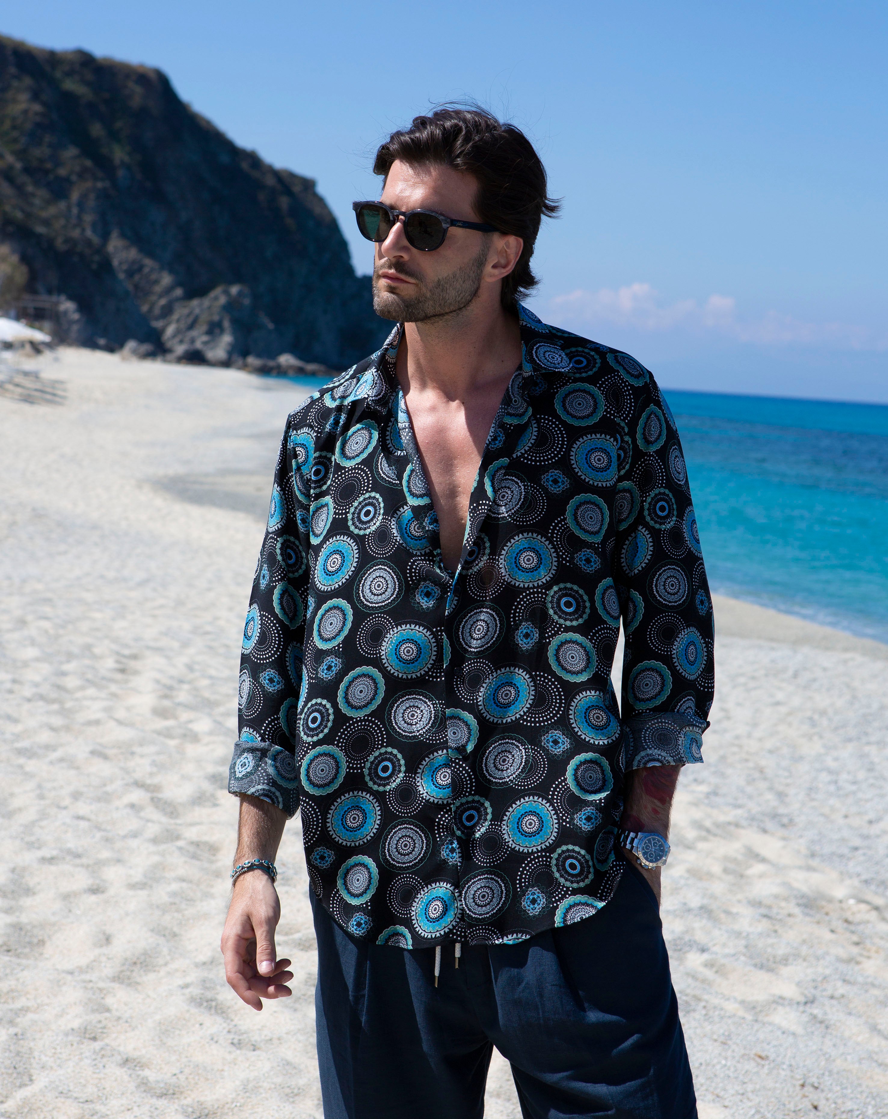 Tobago - Camicia classica fantasia circolare nera