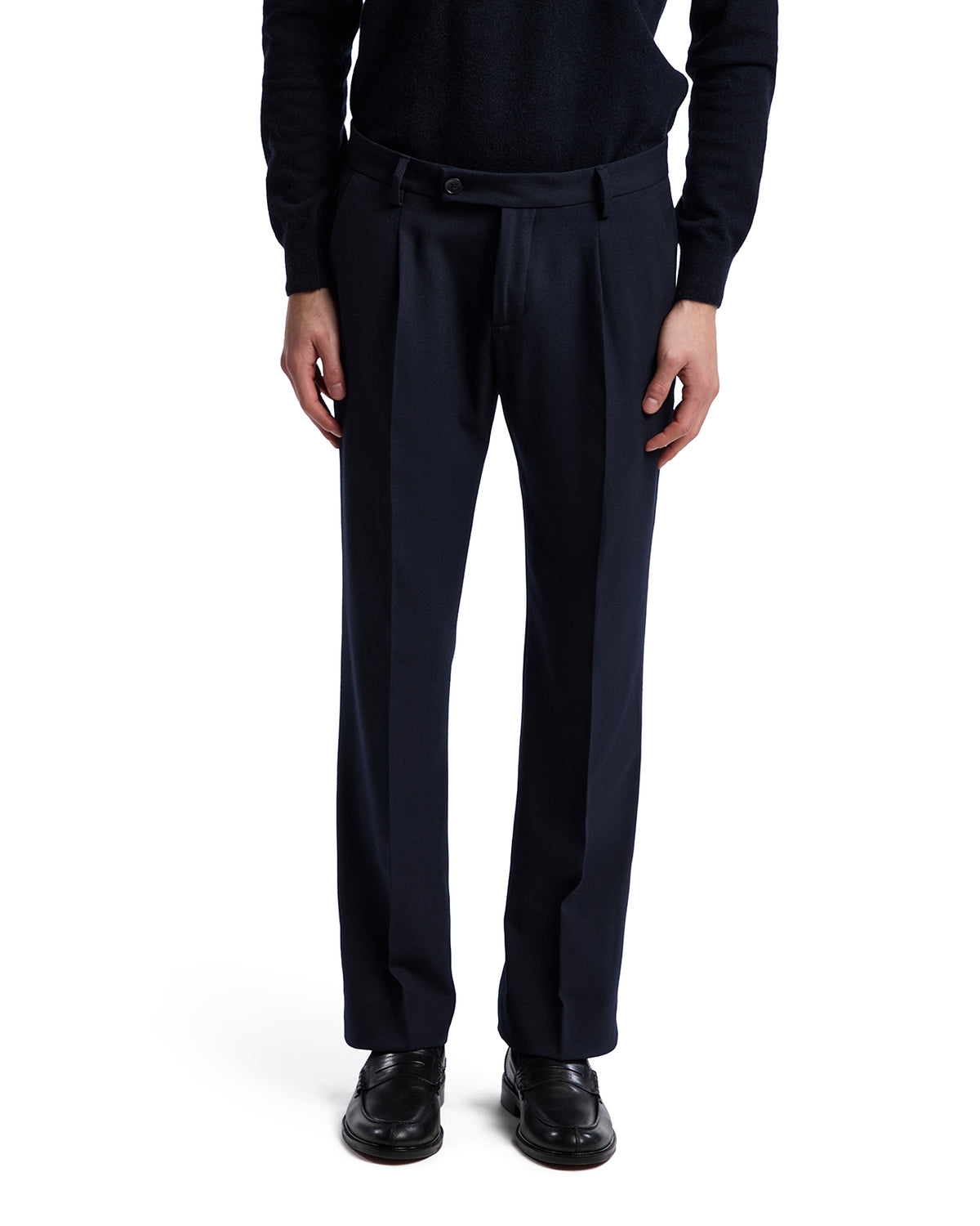 Navy blue wool blend pleated trousers for men, tailored fit with a classic style, perfect for formal occasions.