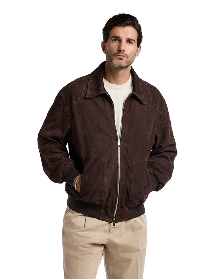 Bomber collo camicia con zip scamosciato testa di moro