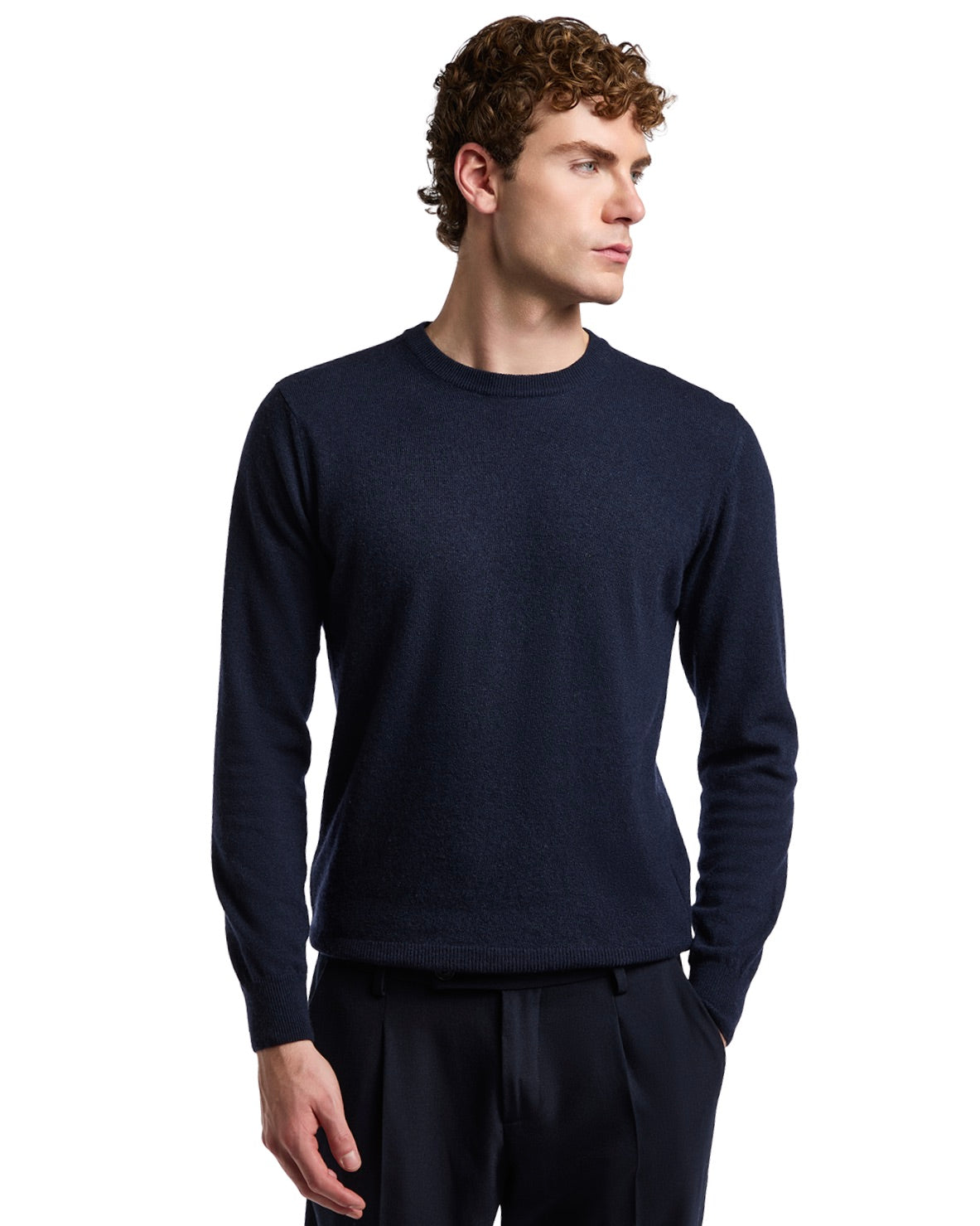 Navy blue crewneck sweater for men, made from soft cashmere blend, featuring a classic, fitted style.