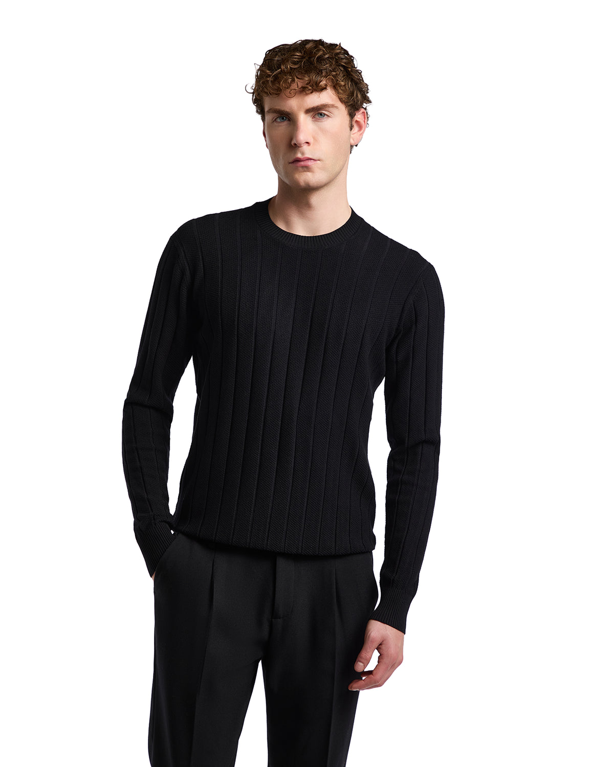 Men's black ribbed knit sweater in soft cotton, featuring a classic crew neck and slim fit. Perfect for casual wear.