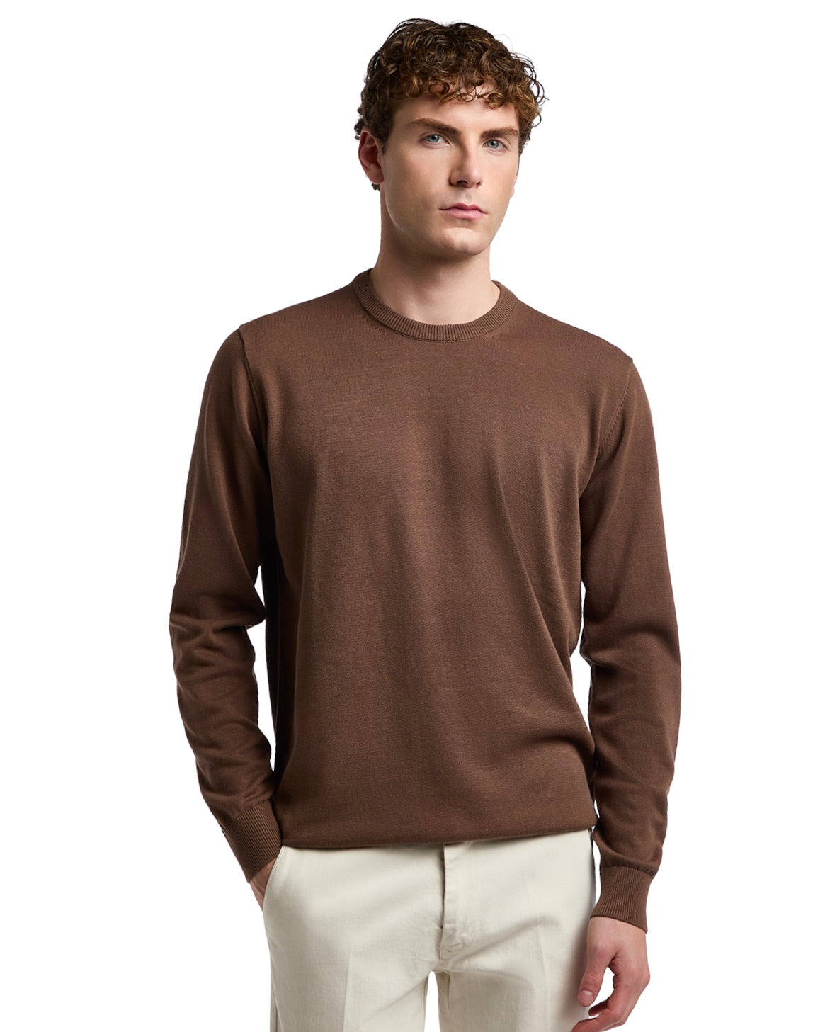 Brown crew neck sweater in soft knit fabric, perfect for casual and formal looks. Ideal for layering or standalone wear.