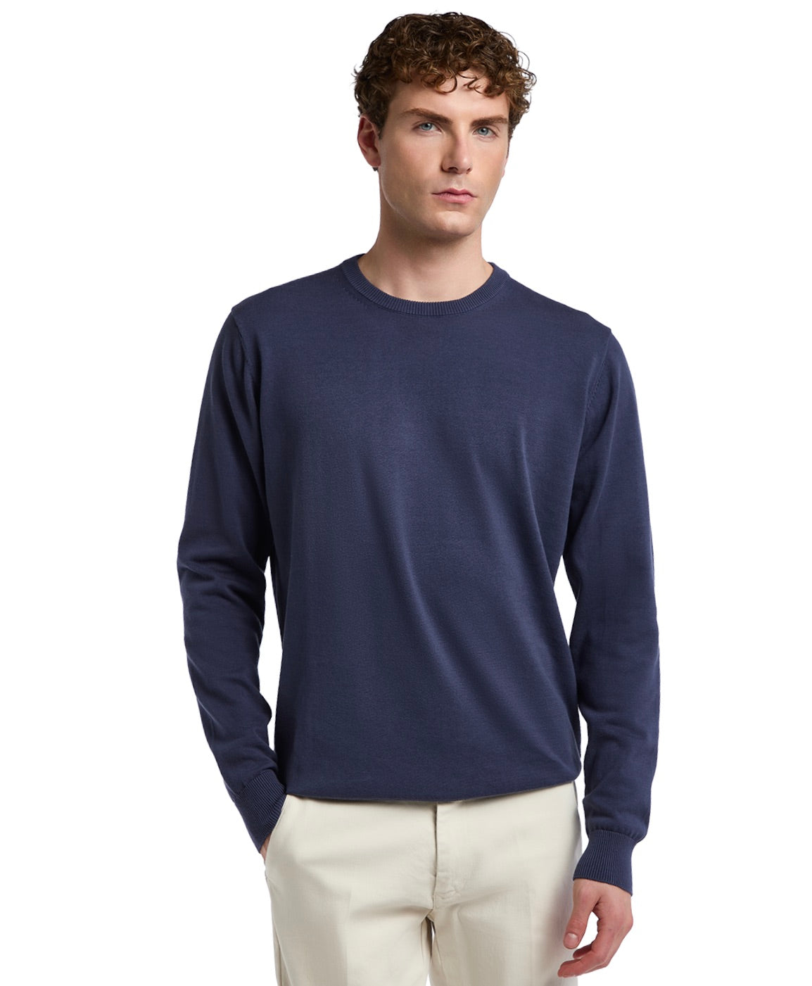 Navy blue long-sleeve crew neck sweater made of soft cotton, perfect for casual layering and stylish comfort.