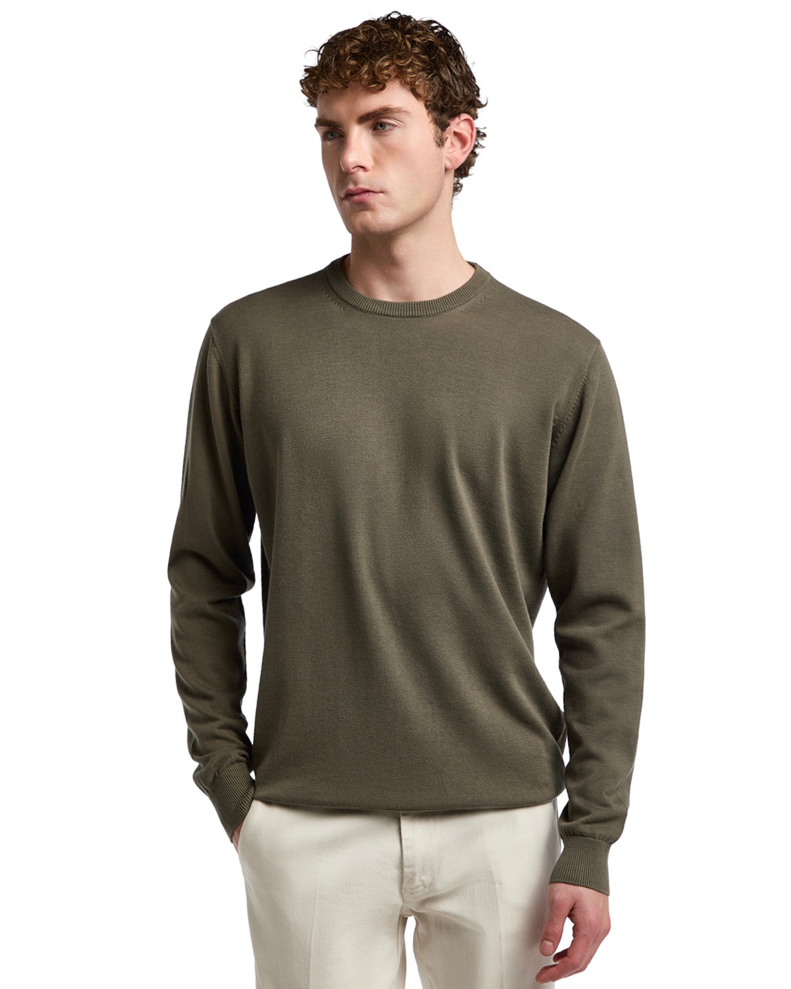 Men's olive green lightweight crewneck sweater in soft knit fabric, ideal for casual or smart-casual styling.