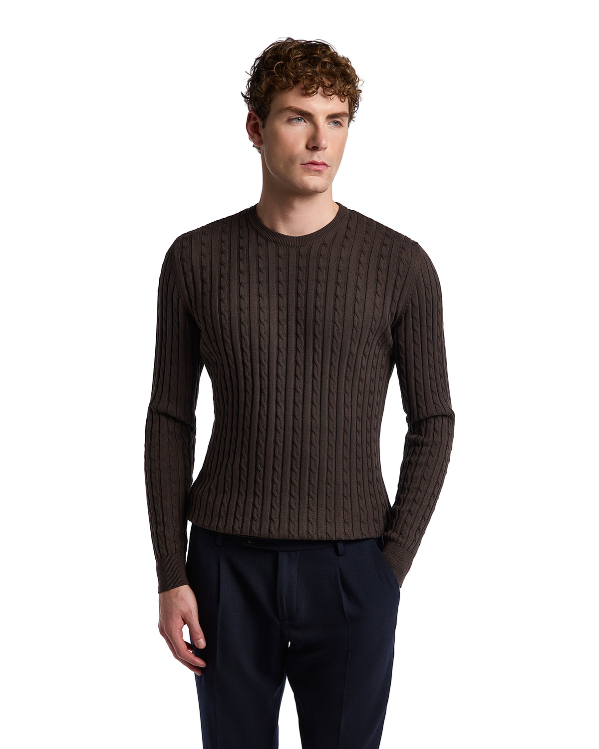 Men's brown ribbed cable knit sweater made from soft cotton, featuring a crew neck and slim fit design.
