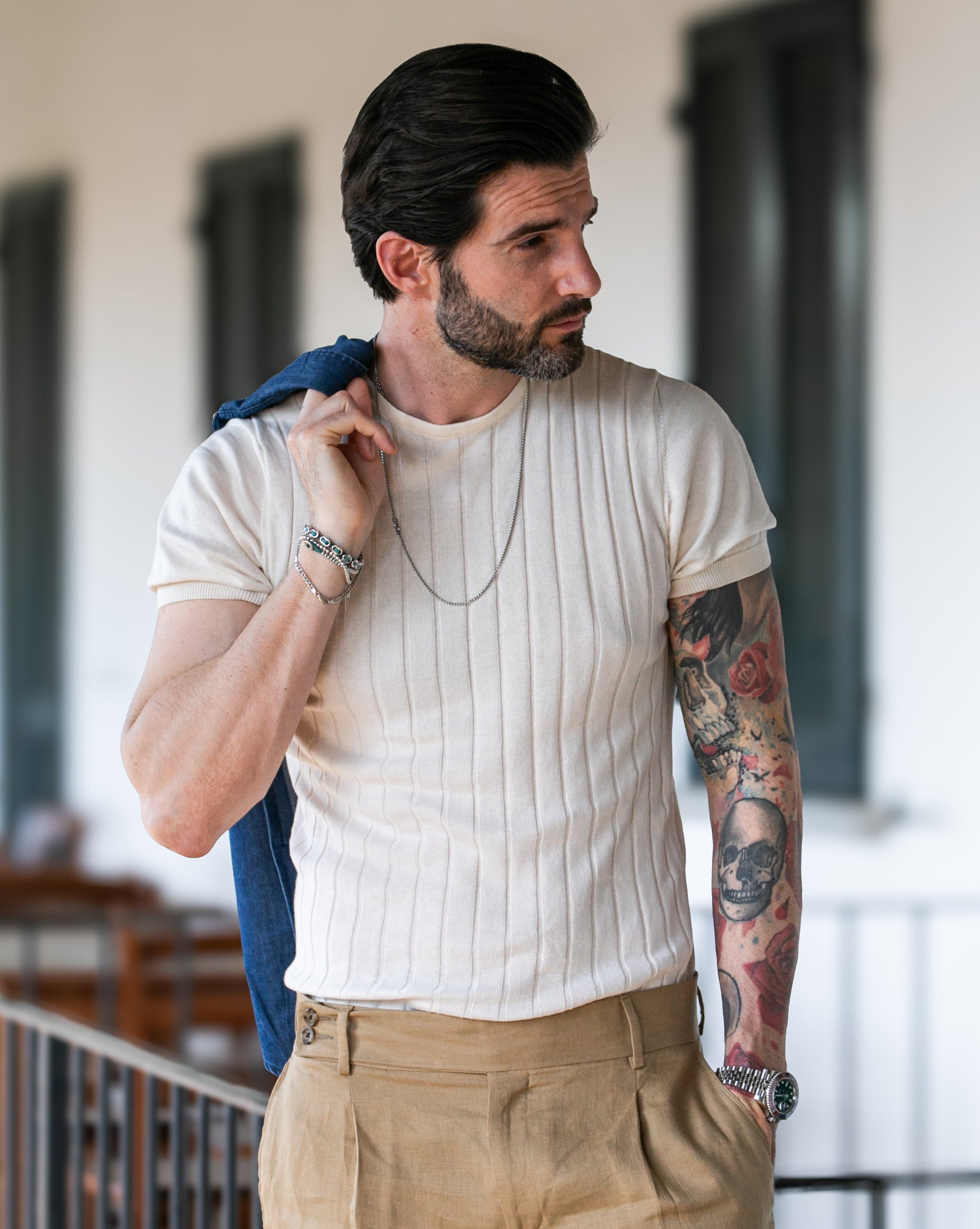 Andreas - ecru ribbed knitted t-shirt
