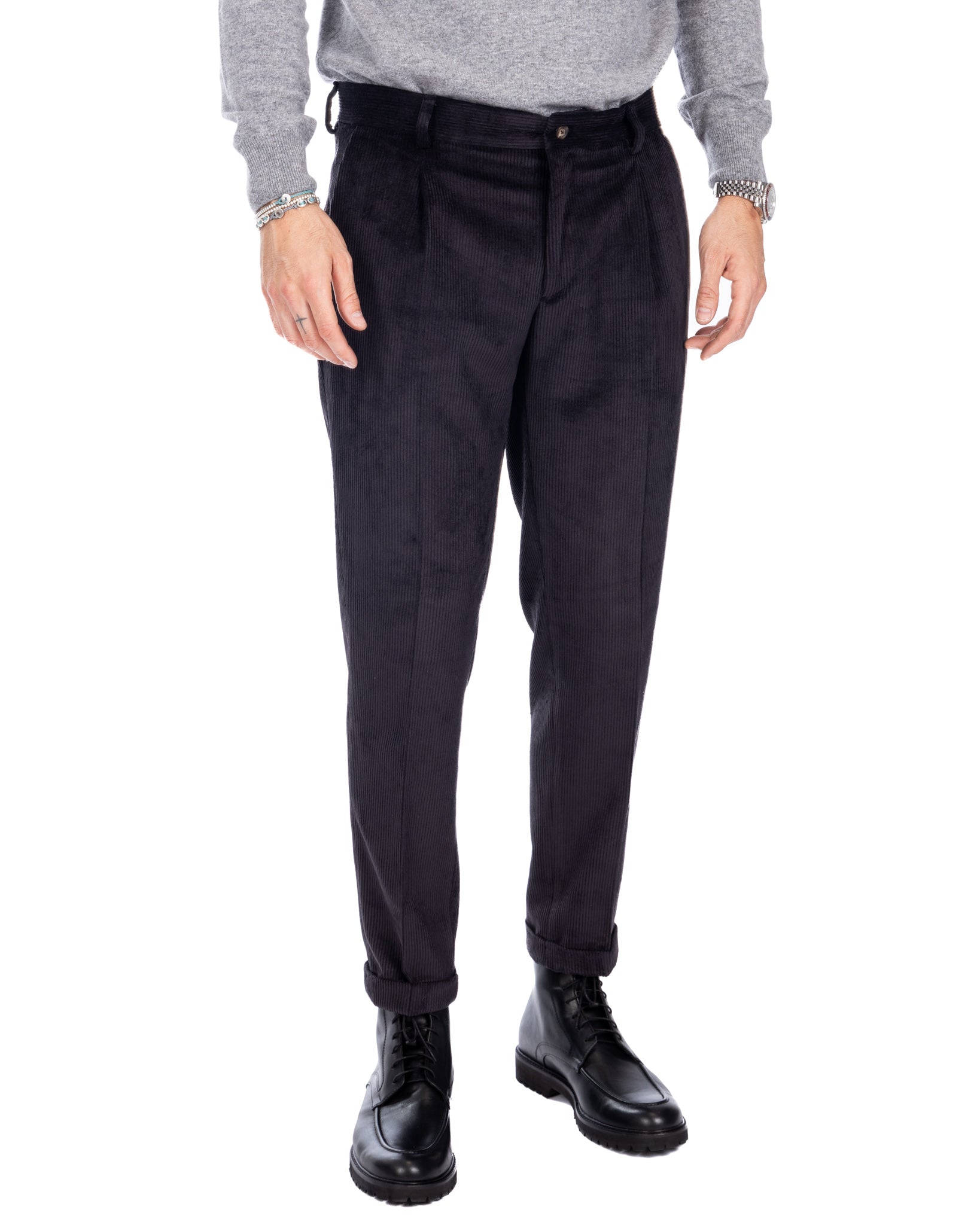 Lodi - pantalone nero con pince in velluto