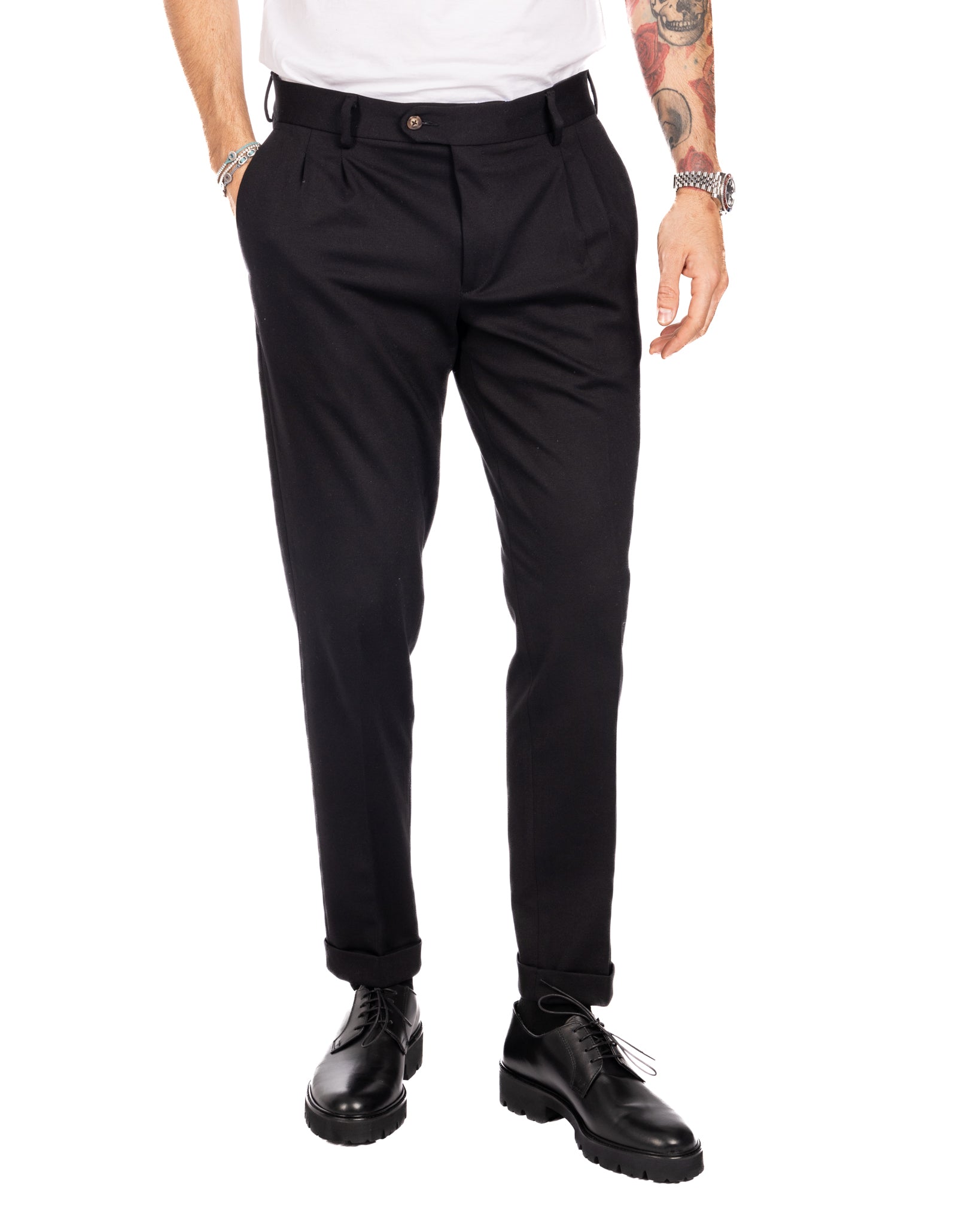 Thomas - pantalone due pinces nero in punto milano