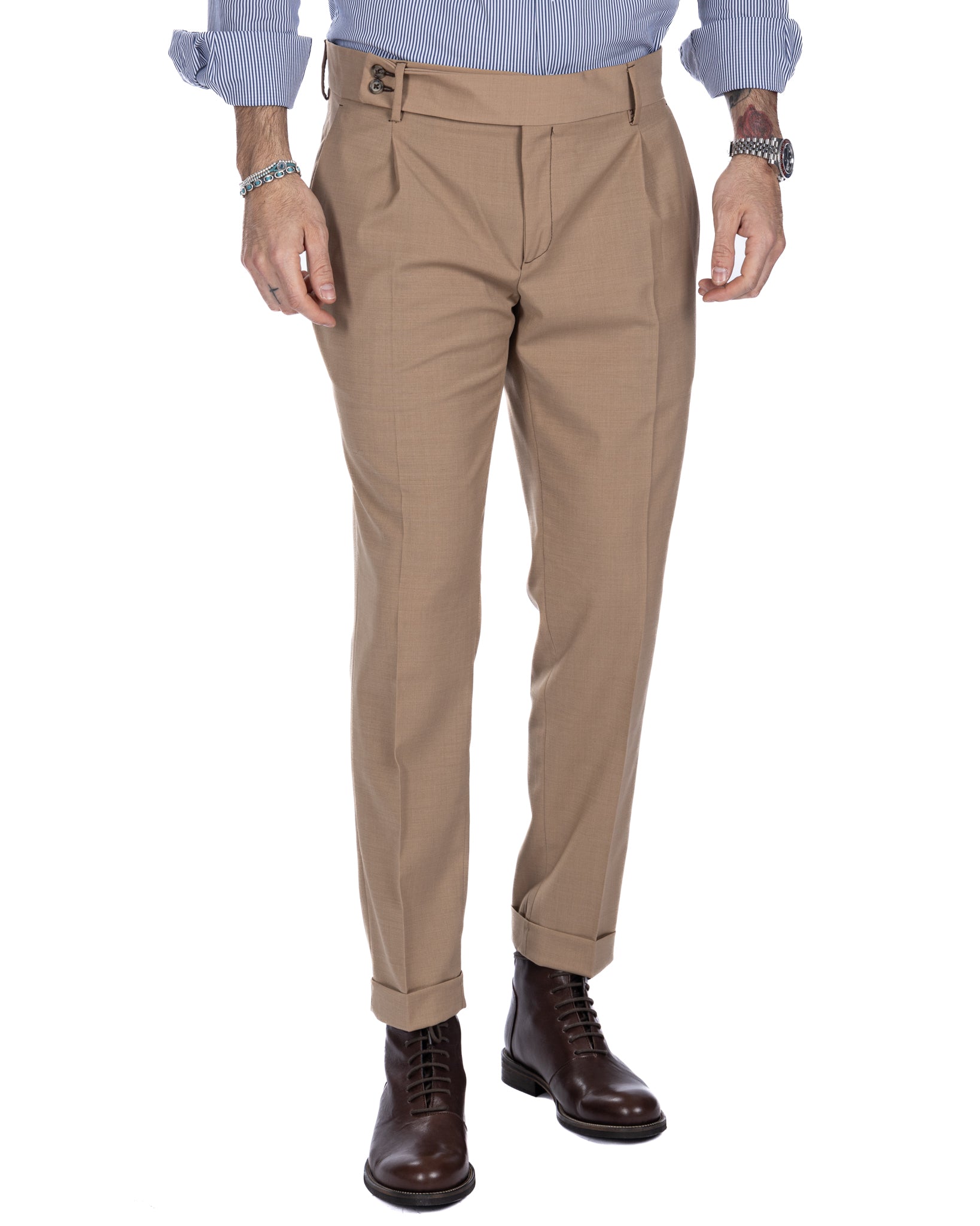 Pantalon italien taille haute camel en laine mélangée