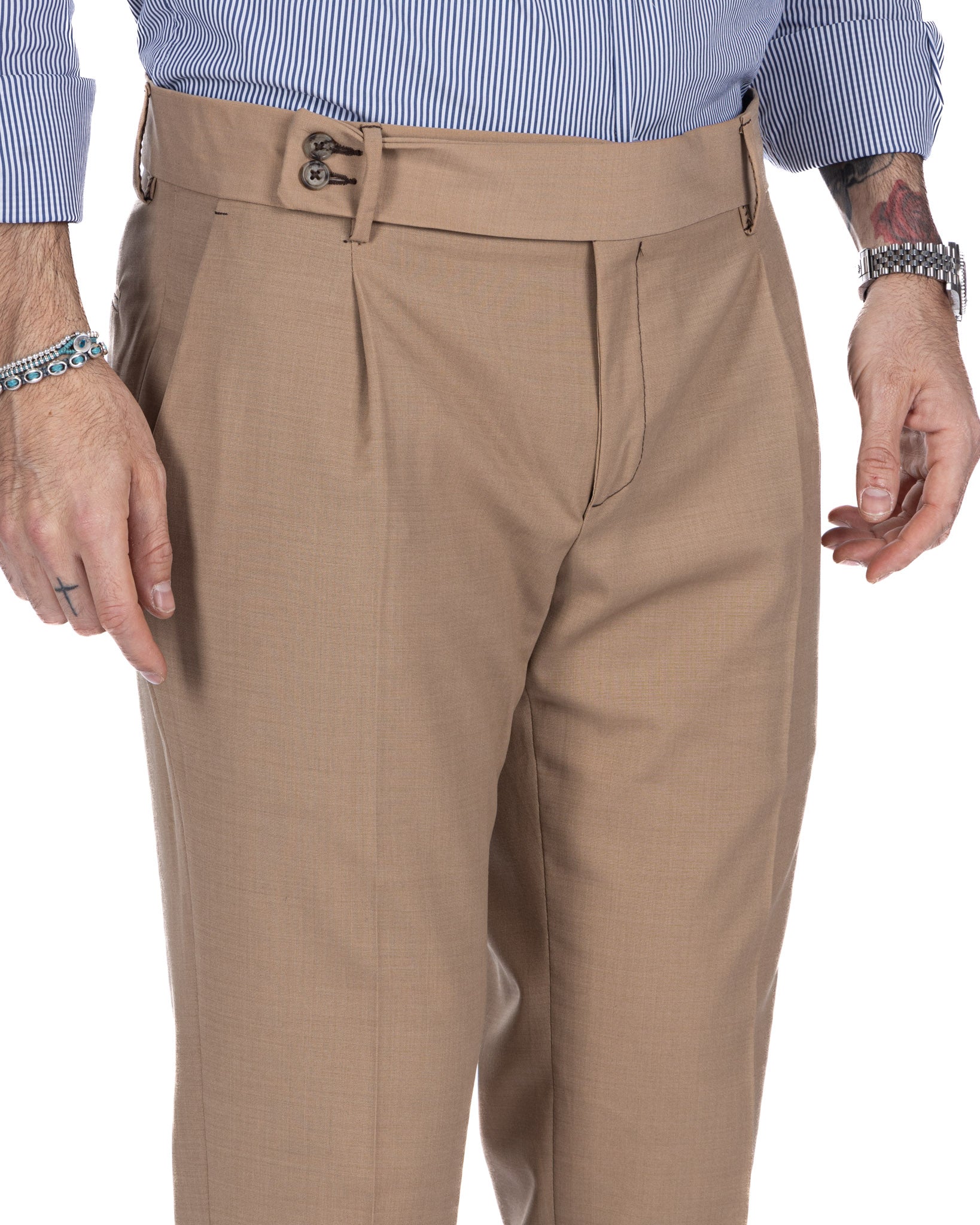 Pantalon italien taille haute beige en laine mélangée
