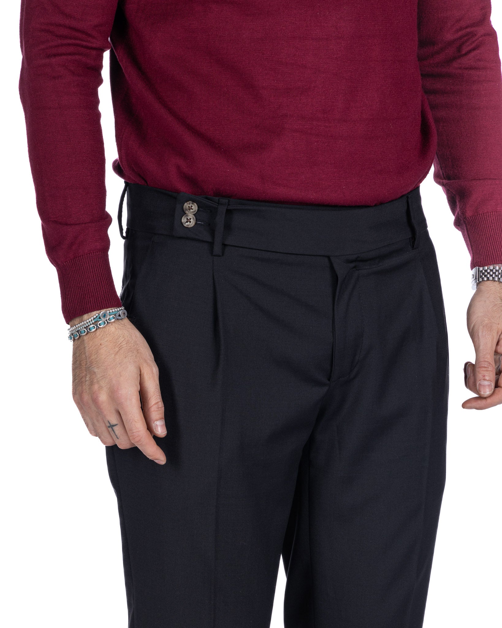Pantalon italien taille haute noir en laine mélangée