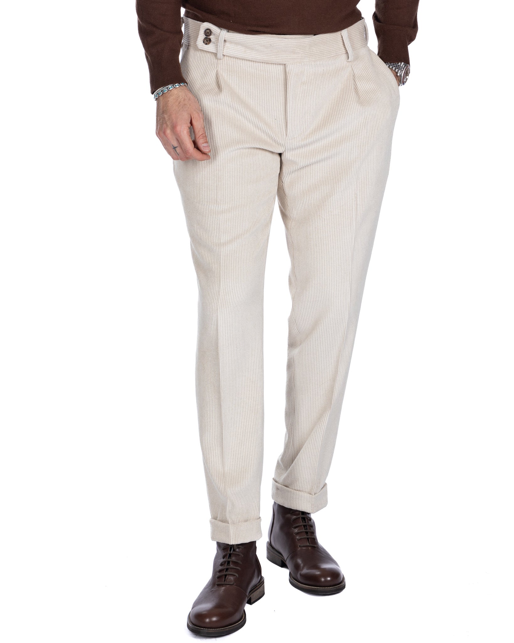 Italian - cream high-waisted velvet trousers