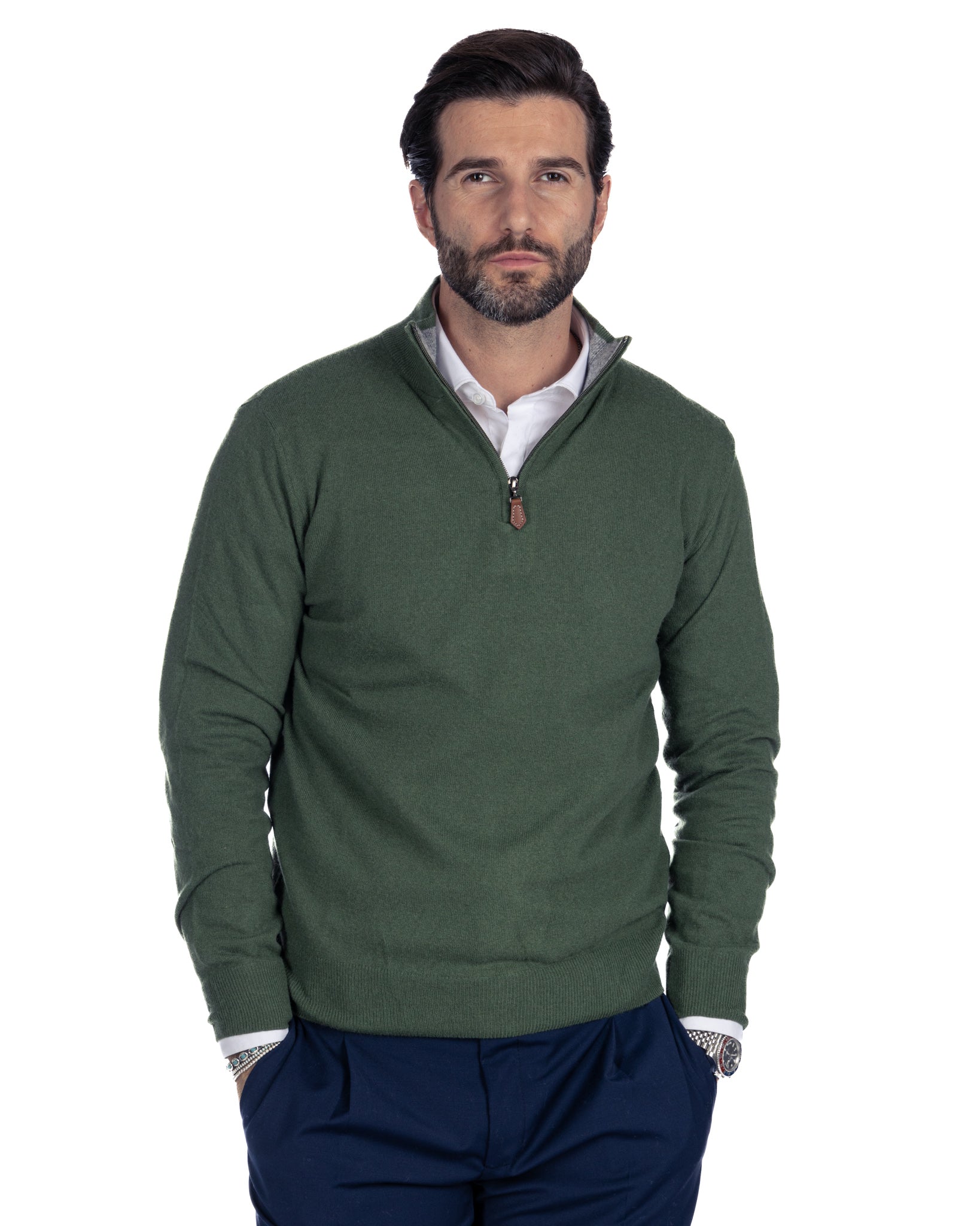 Rory - maglione verde con zip in misto cachemire