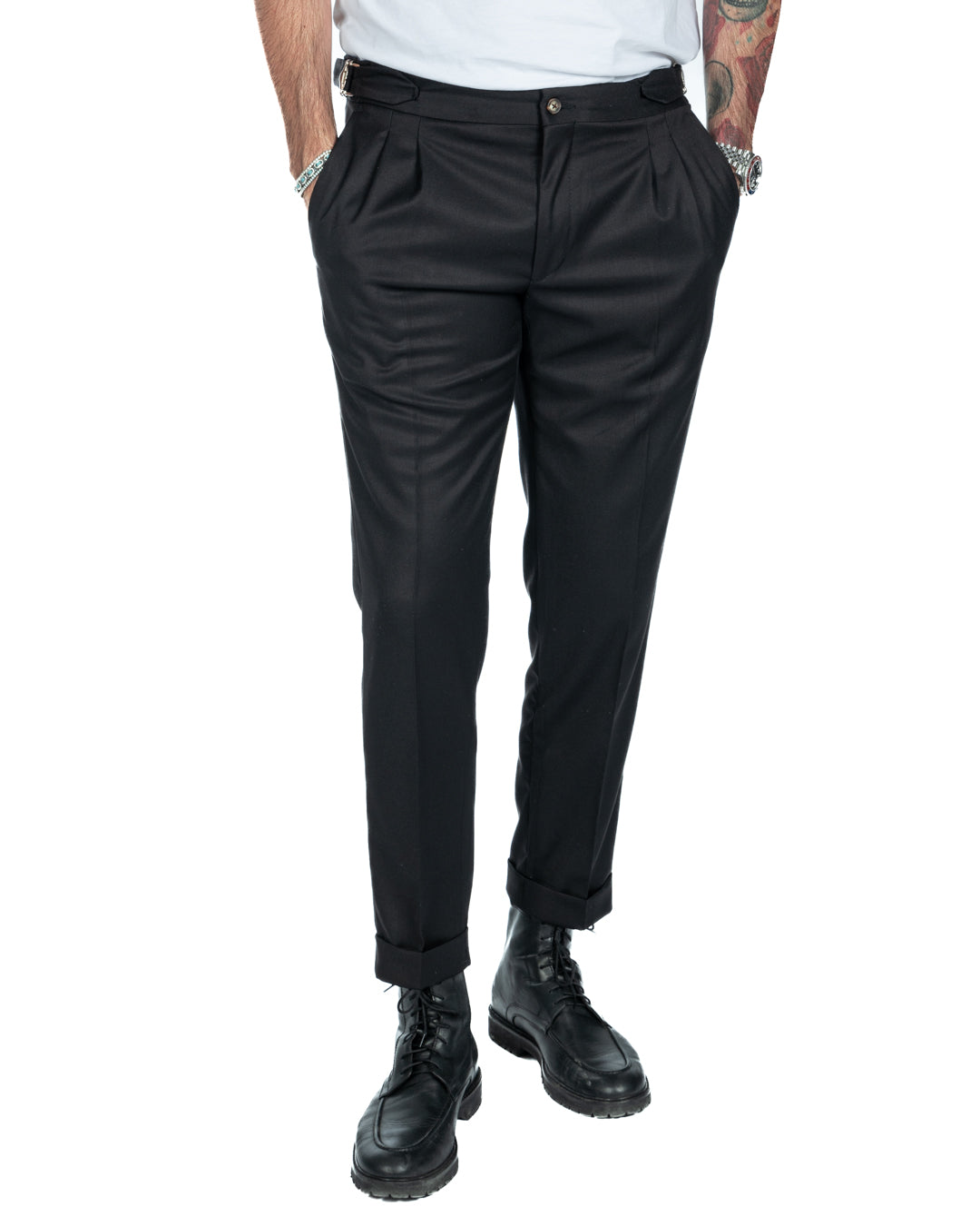Otranto - pantalone nero con fibbie e pinces