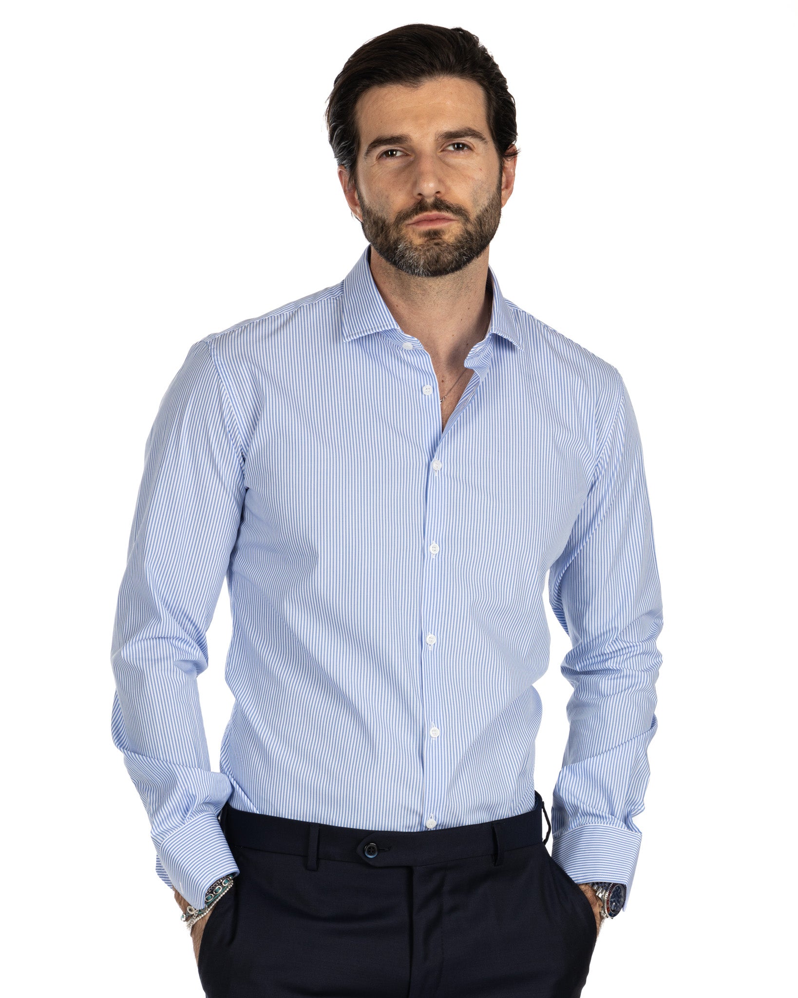 Shirt - light blue slim fit narrow stripe