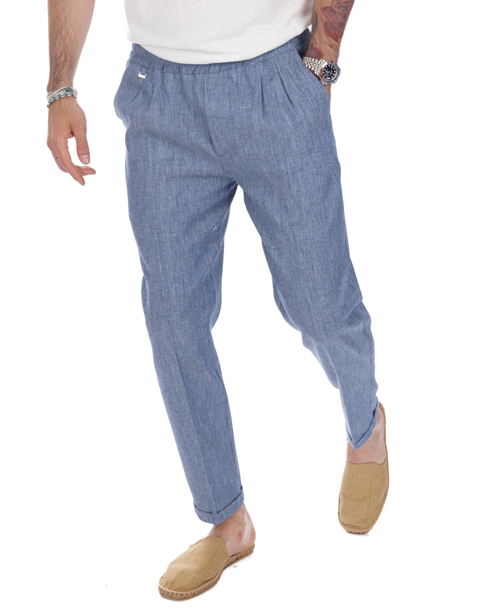 Larry - light blue melange linen trousers