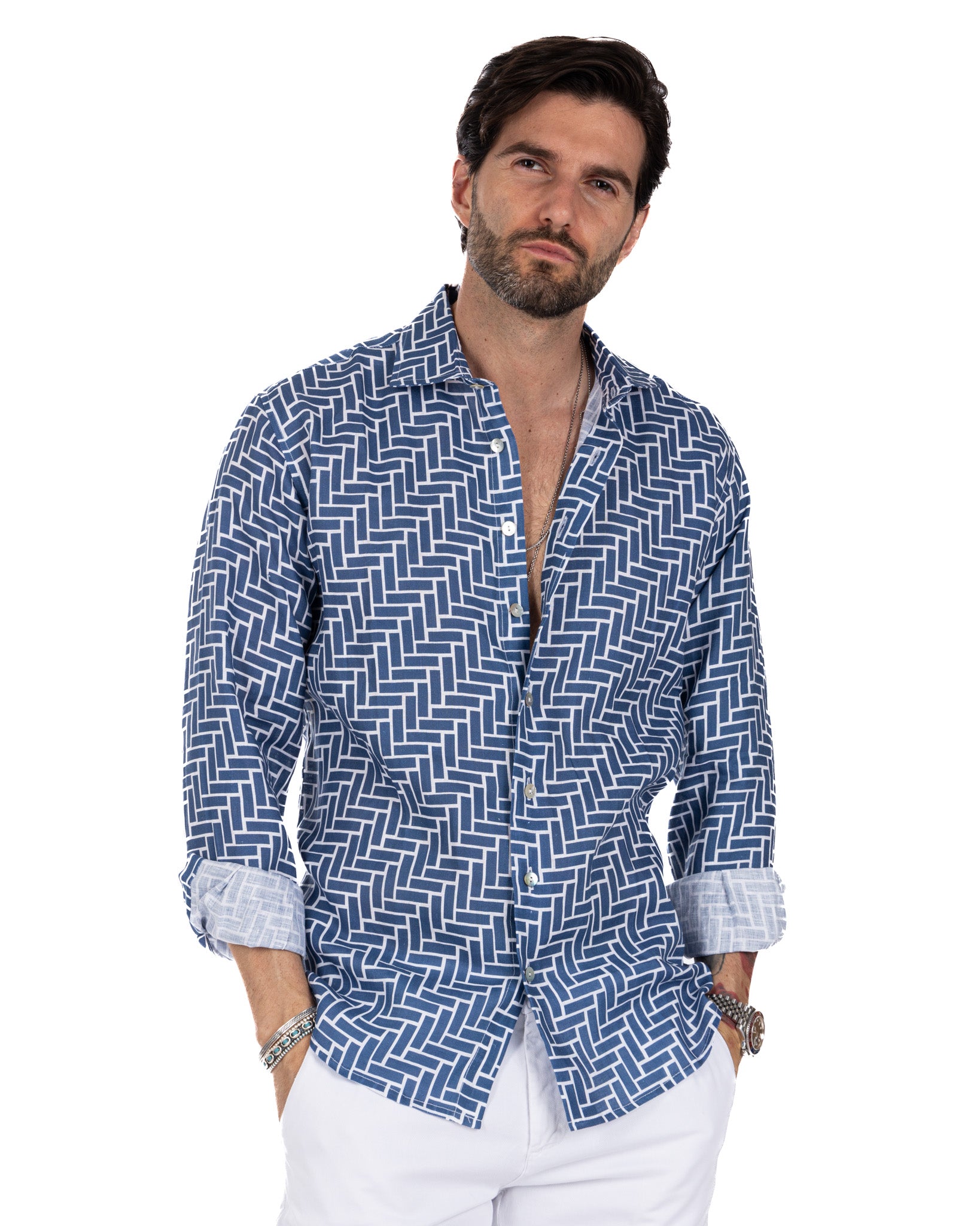 Riggiòla - chemise en lin imprimé bleu