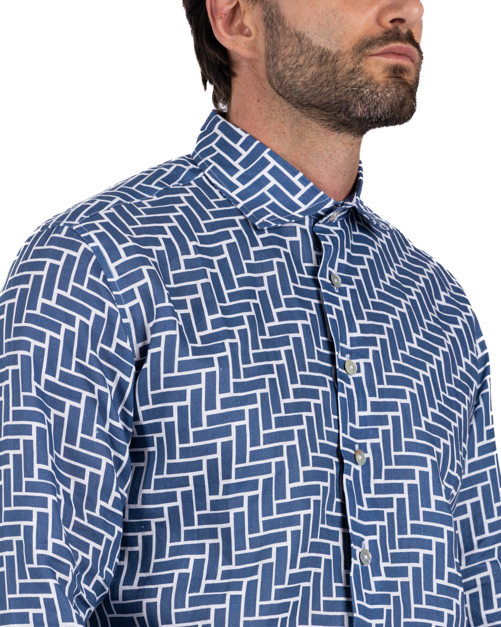 Riggiòla - camicia stampata blu in lino