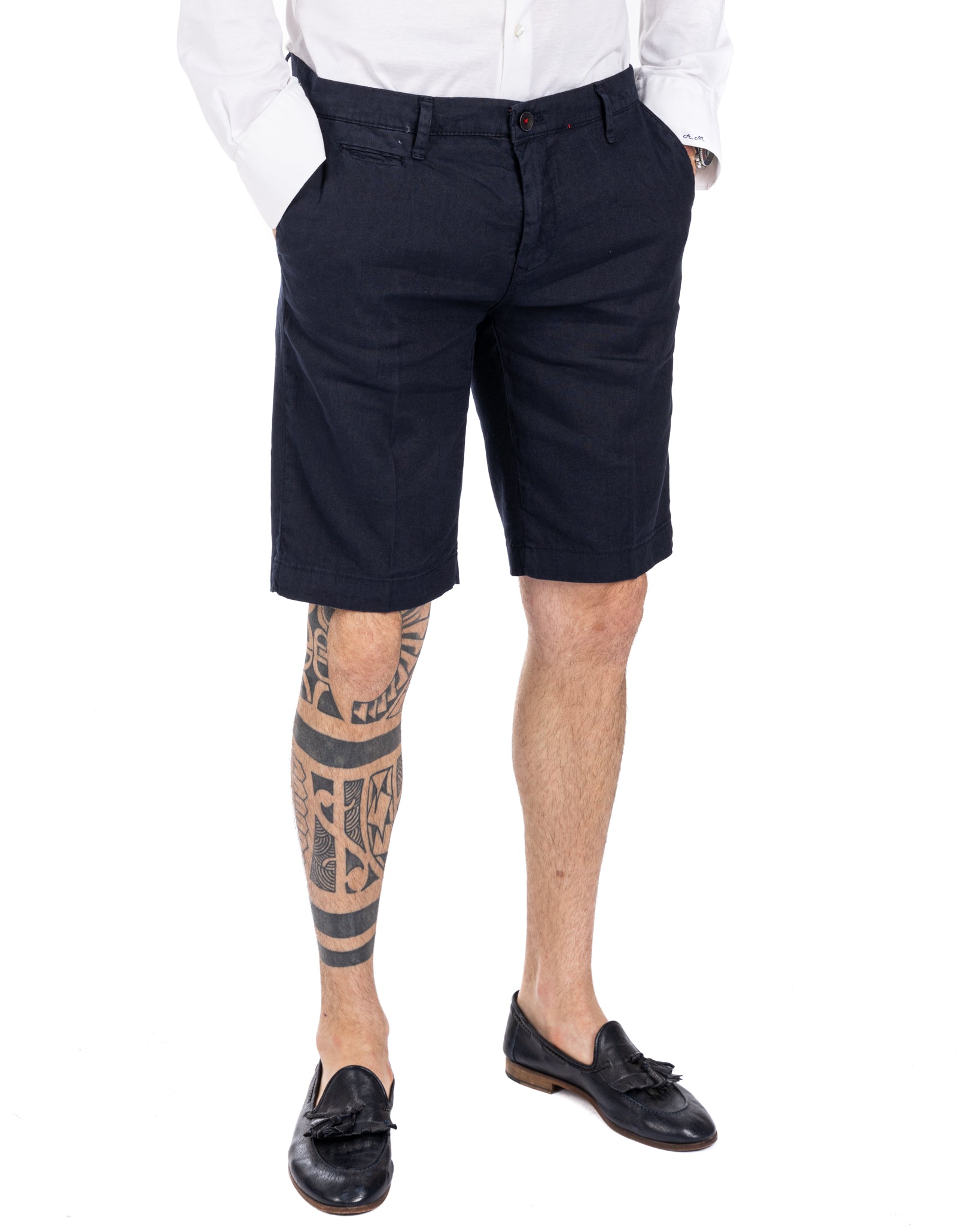 Mustique - blue stretch linen Bermuda shorts
